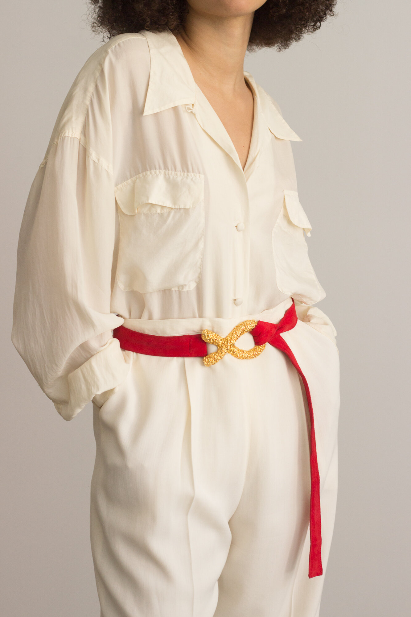 1980s Red Suede Tie Belt with Giant Gold Buckle