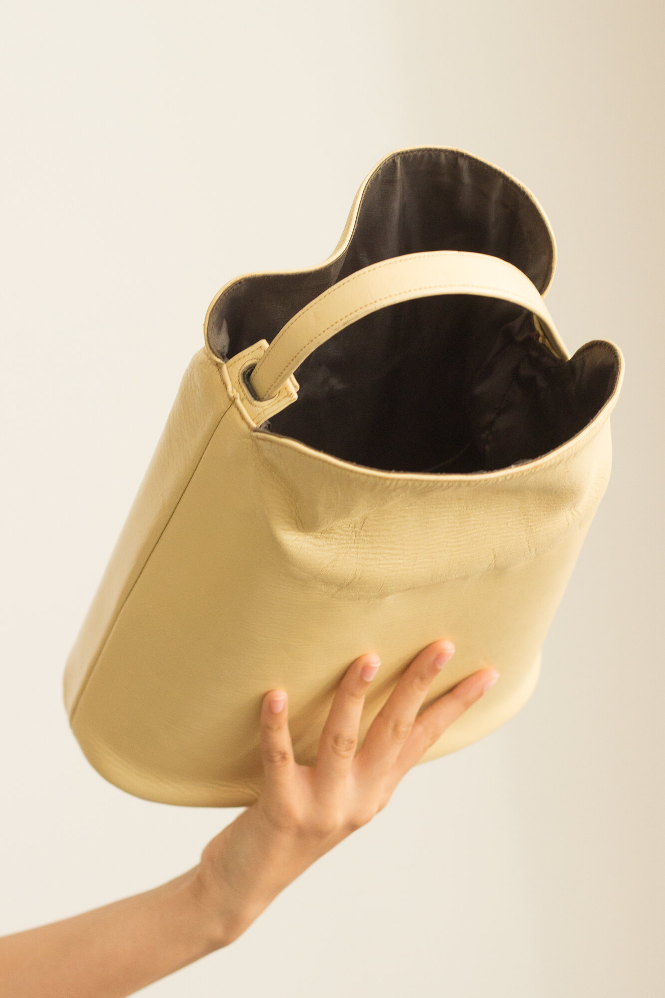 1960s Cream Leather Fold Top Bucket Bag