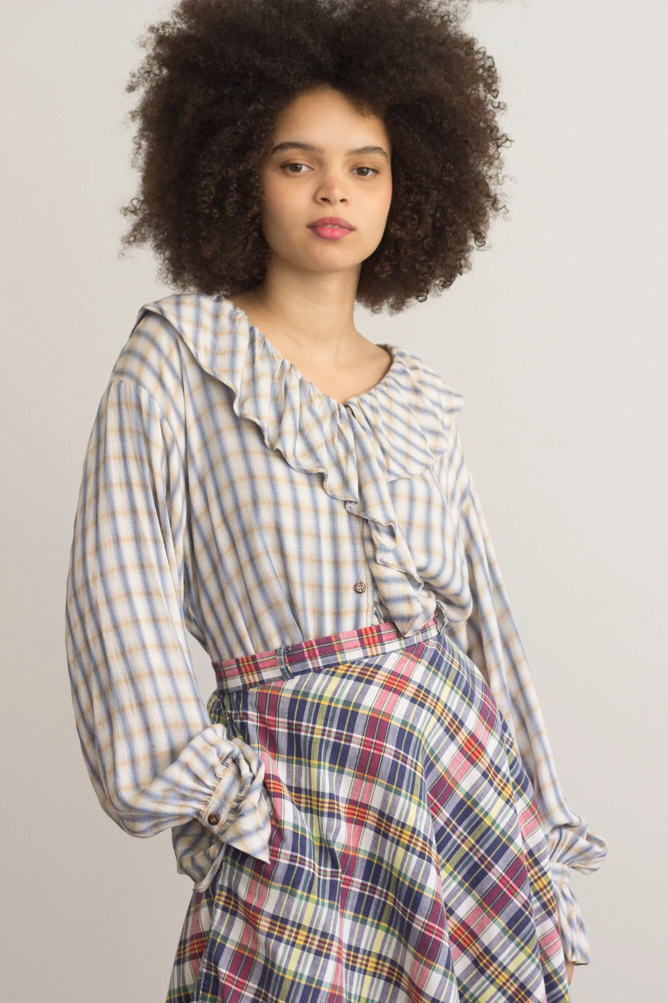 1990s Express Tricot Plaid Rayon Poet Blouse
