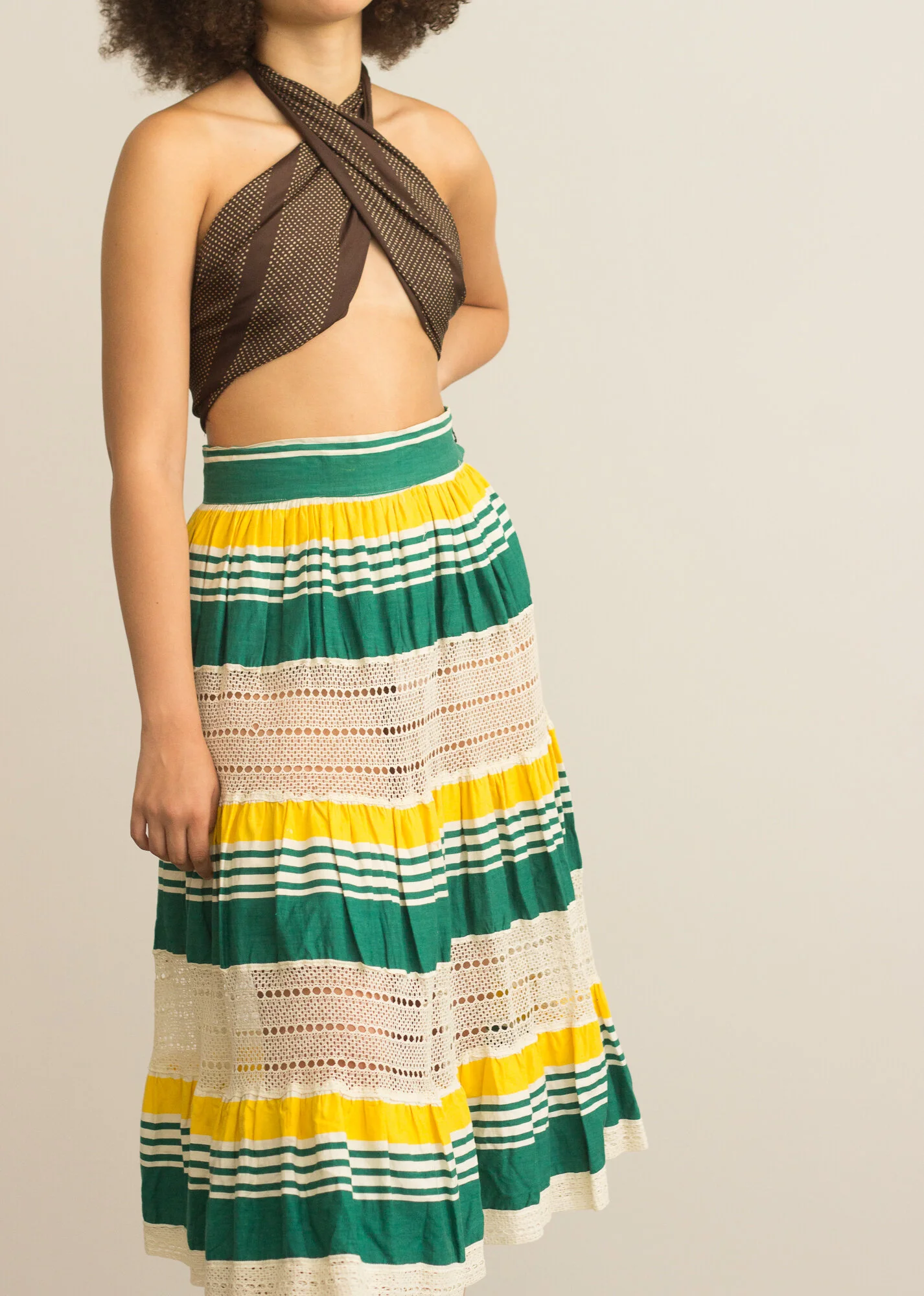 1940s Striped Cotton and Crocheted Peasant Skirt - Size S