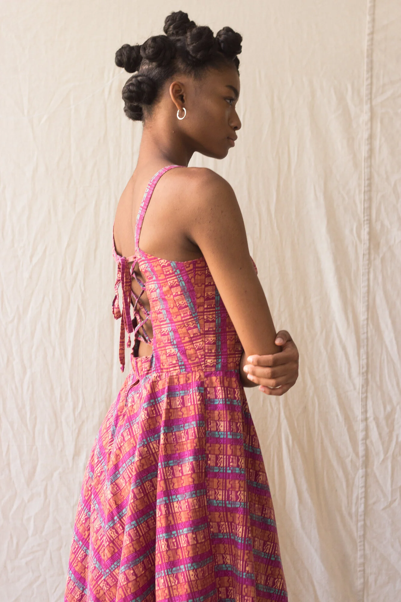 1970s Crisp Printed Orchid Cotton Lace-up Sun Dress  Wayward Collection