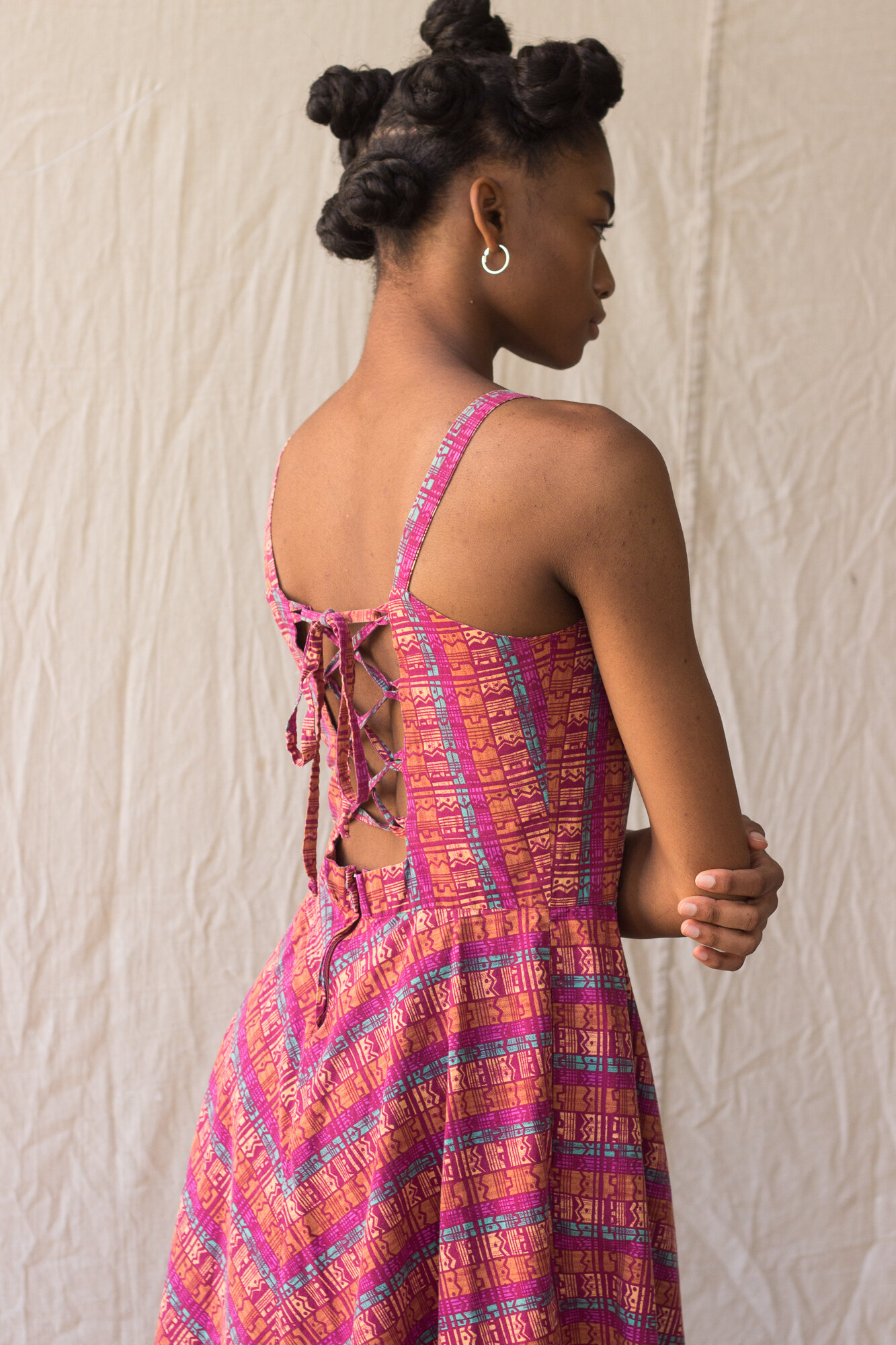 1970s Crisp Printed Orchid Cotton Lace-up Sun Dress