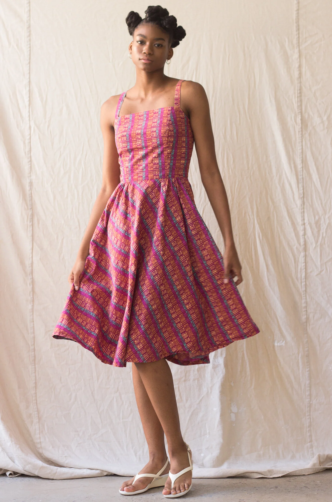 1970s Crisp Printed Orchid Cotton Lace-up Sun Dress Wayward Collection 1970s Crisp Printed Orchid Cotton Lace-up Sun Dress Wayward Collection