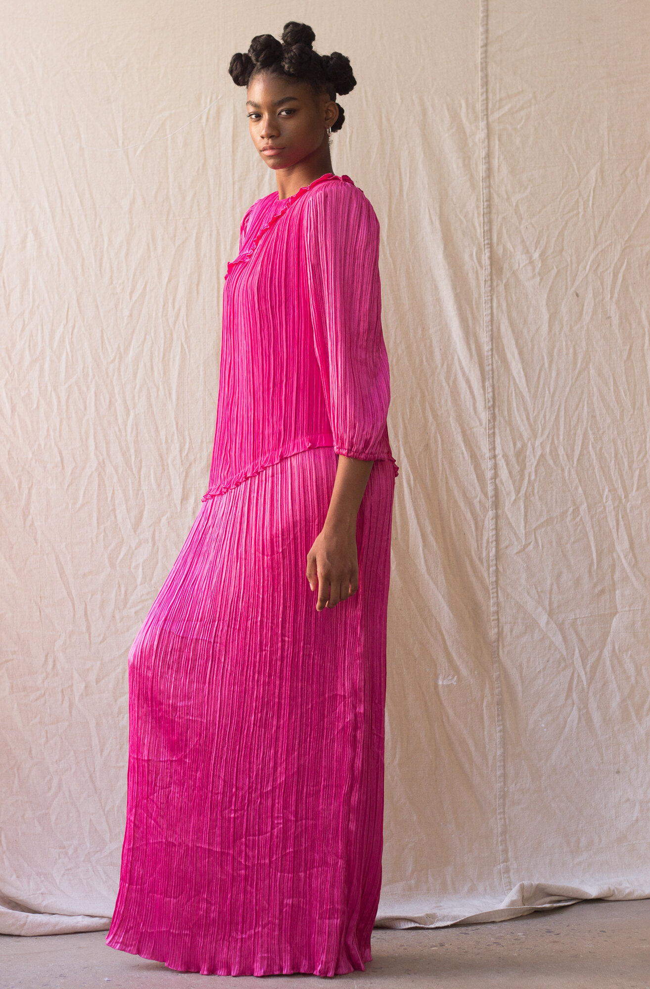 1980s Morton Myles Hot Pink Fortuny Pleat Column Gown - Size M