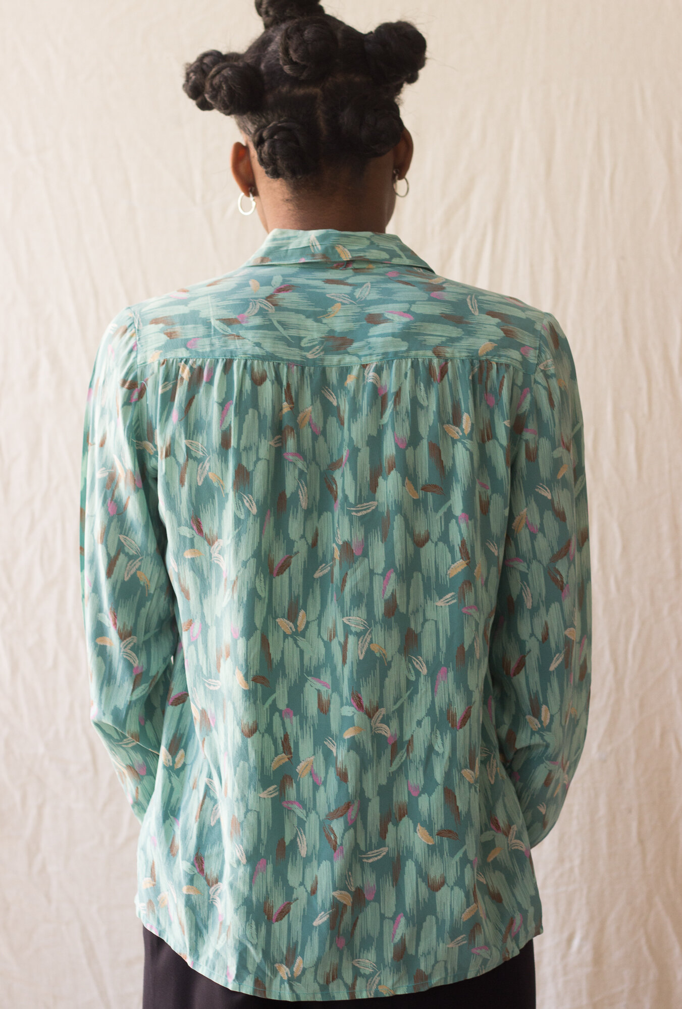 1970s Turquoise Printed Silk Blouse