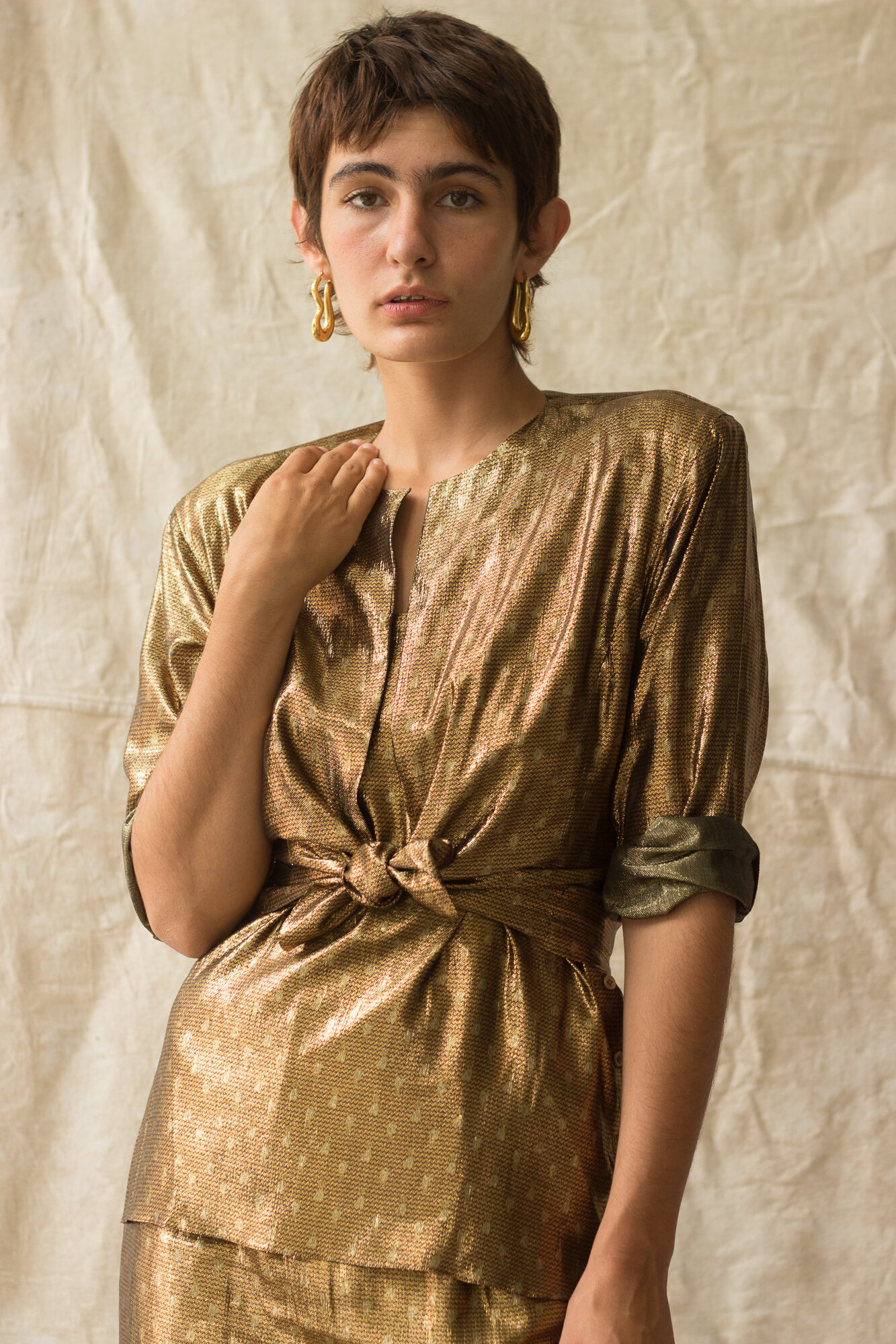 ACA 1970s Calvin Klein Gold Lam Polka Dot Suit  Wayward Collection
