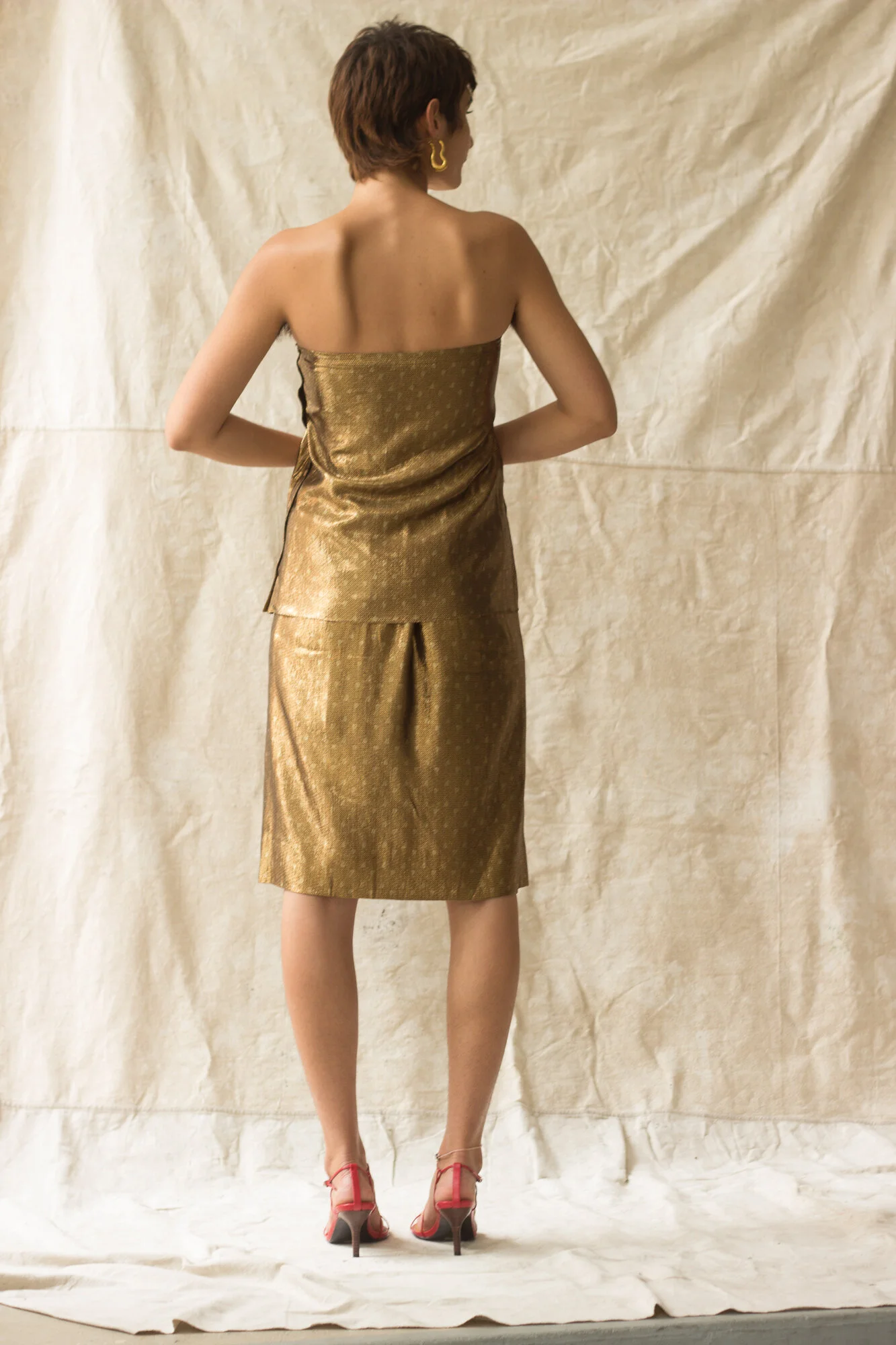 Calvin Klein 80s ACA 1970s Calvin Klein Gold Lam Polka Dot Suit  Wayward  Collection