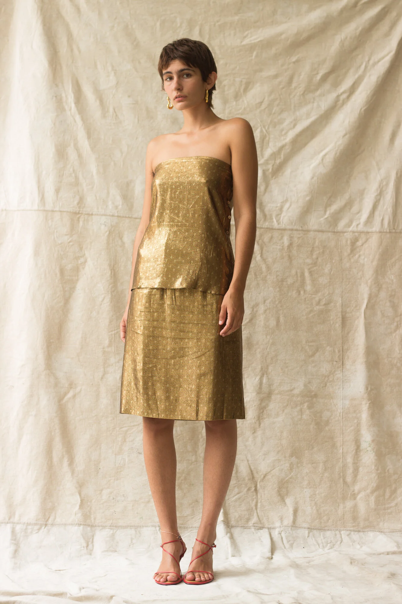 ACA 1970s Calvin Klein Gold Lam Polka Dot Suit  Wayward Collection