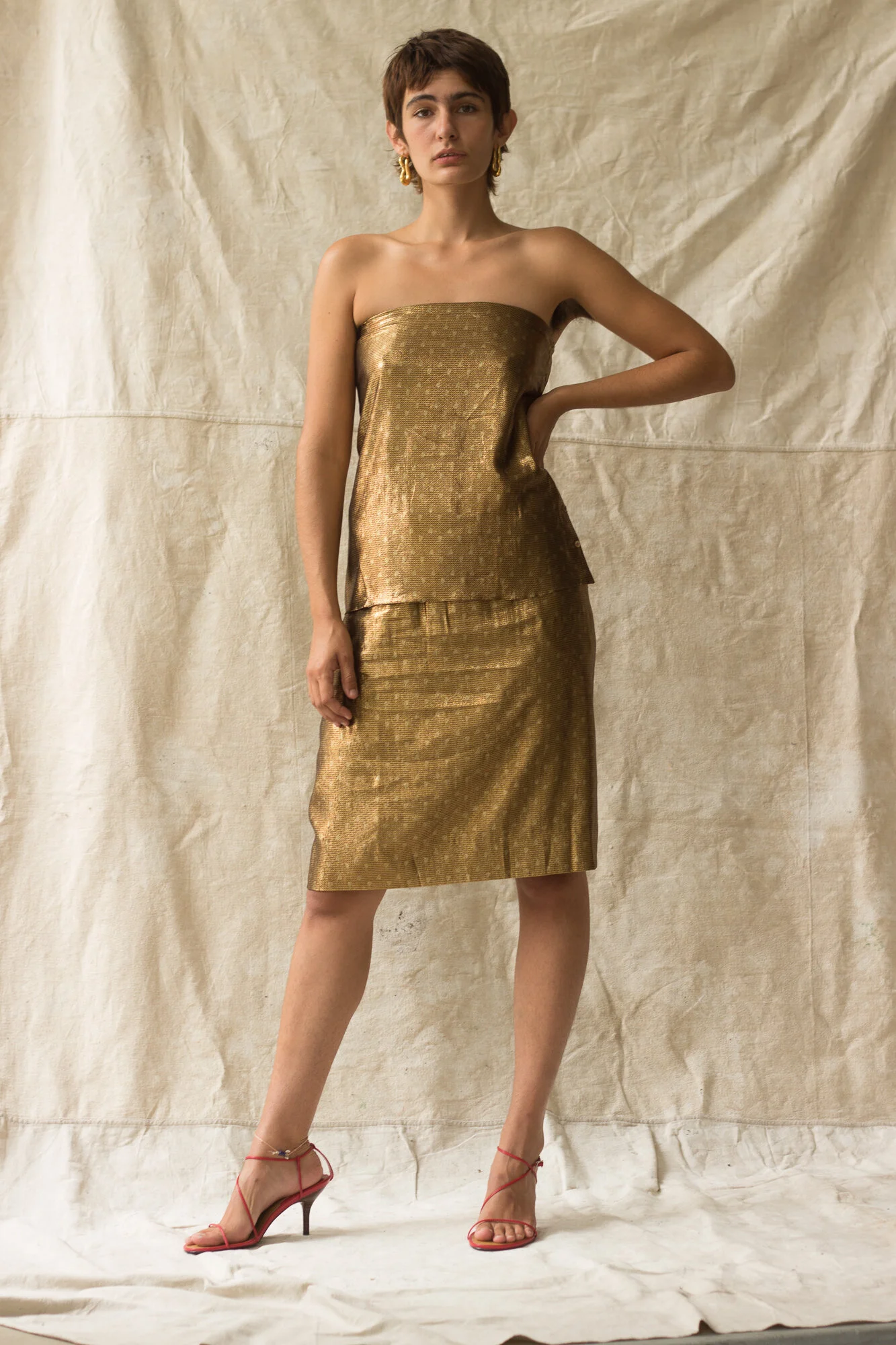 ACA 1970s Calvin Klein Gold Lam Polka Dot Suit  Wayward Collection