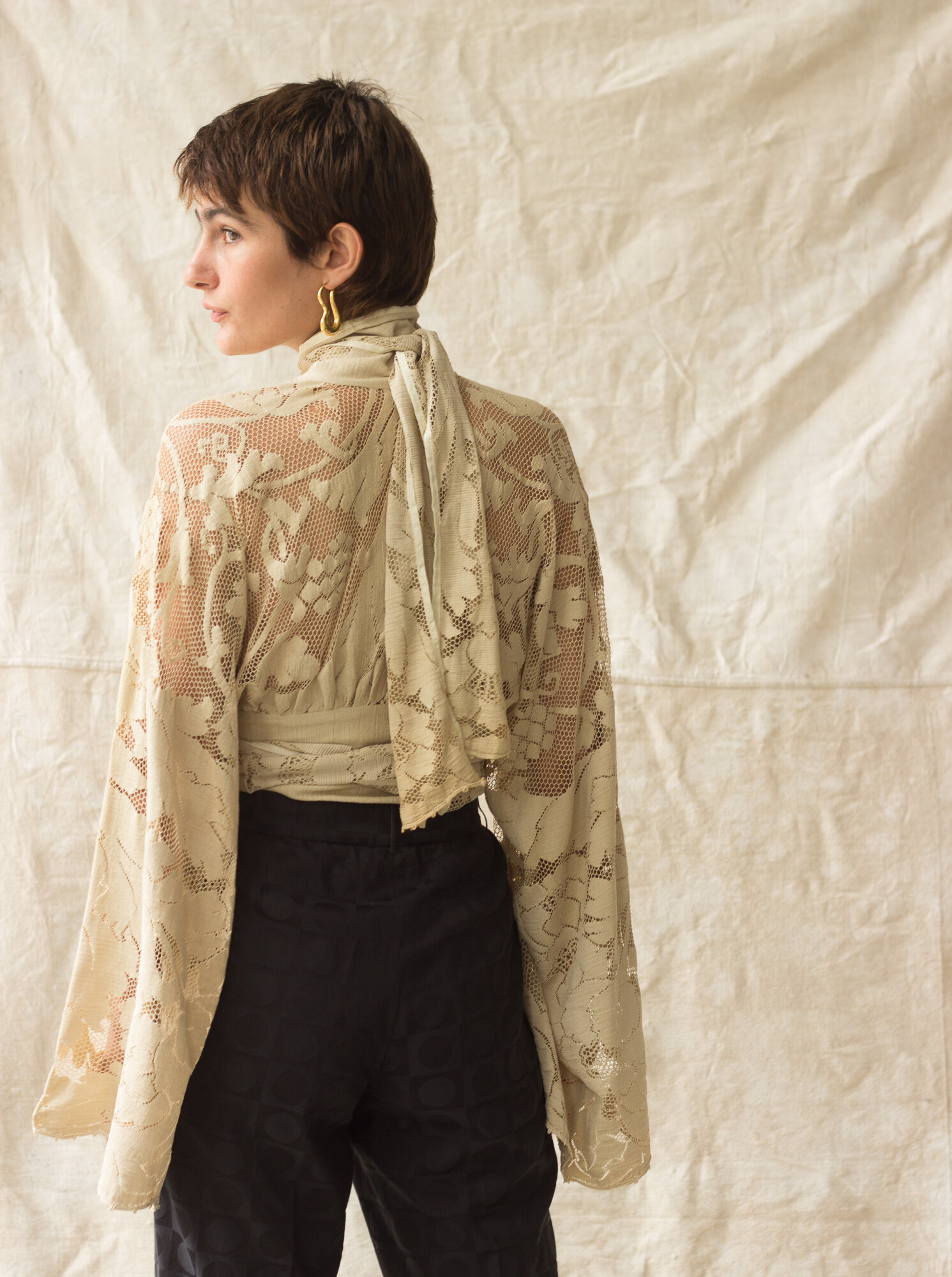 ACA 1970s Cotton Lace Bell Sleeve Wrap Blouse