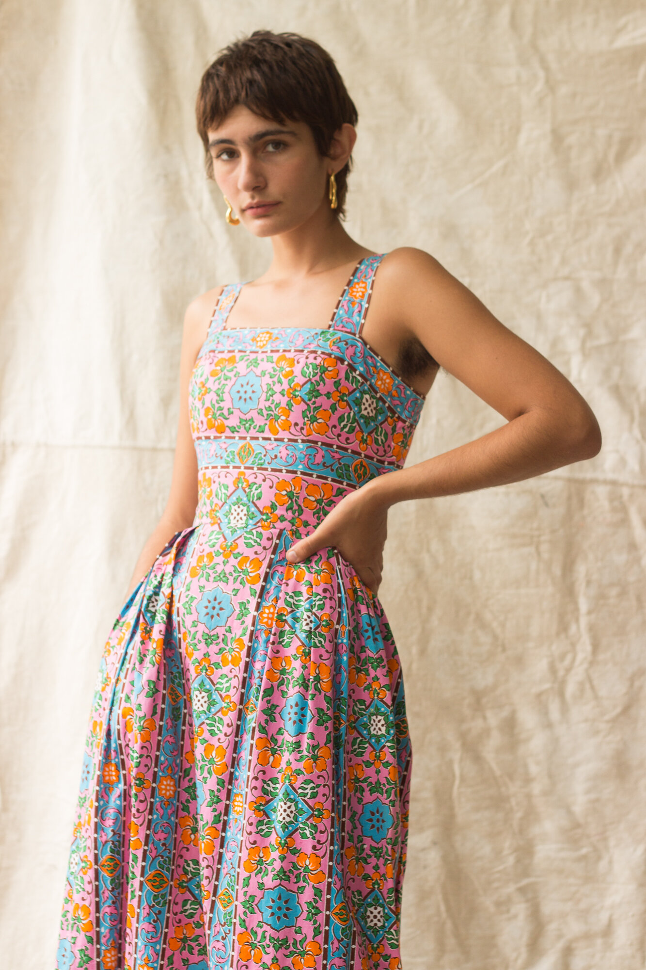 ACA 1970s Thai House Design Block Print Cotton Sun Dress
