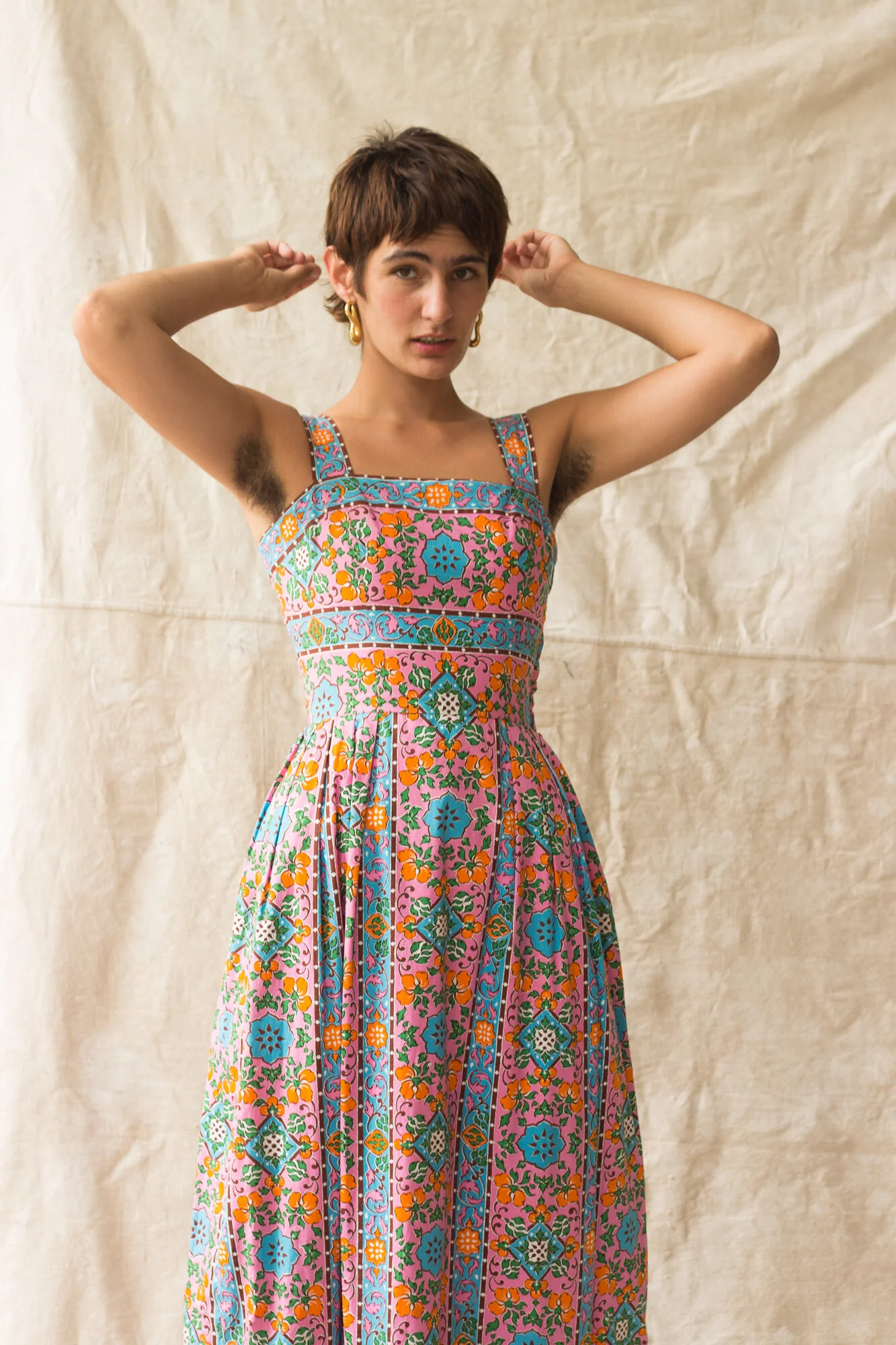 thai cotton dress Chatham Dress Thai Dancers Orange and Gold Cotton Linen