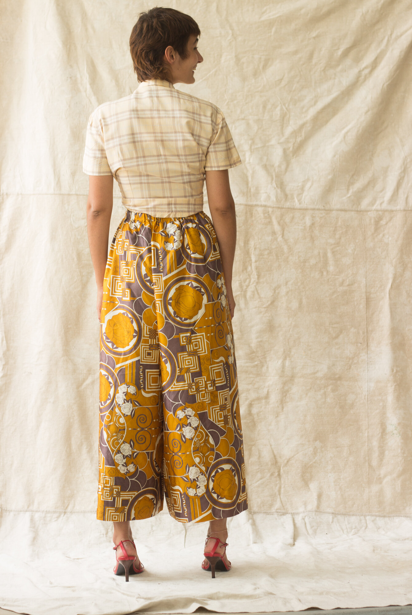 ACA 1960s Silk Print Thai Fisherman-Style Palazzo Pants