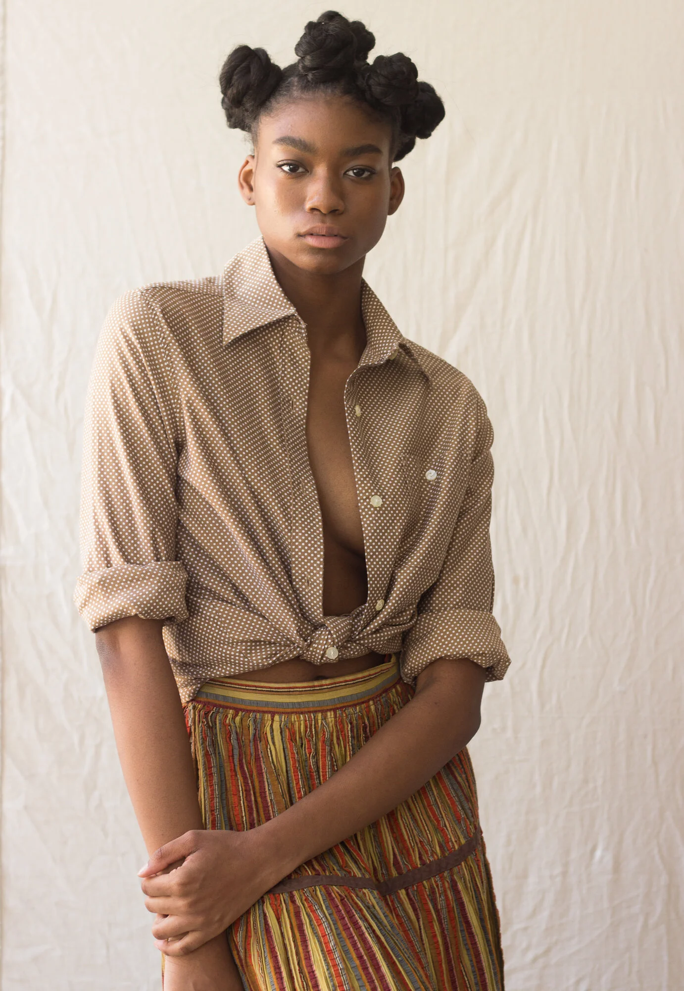 1970s Oscar de la Renta Caramel Polka Dot Cotton Blouse