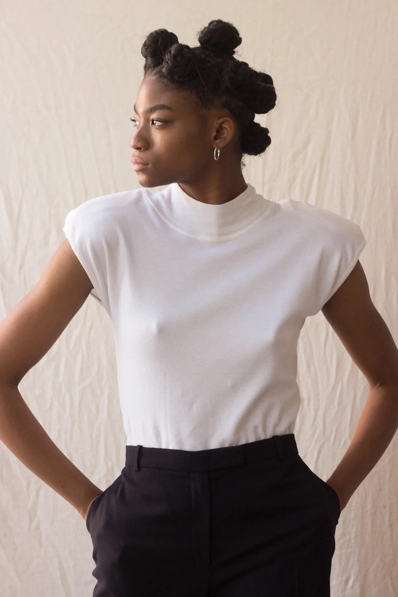 1980s White Mock Neck Shoulder Pad T-Shirt