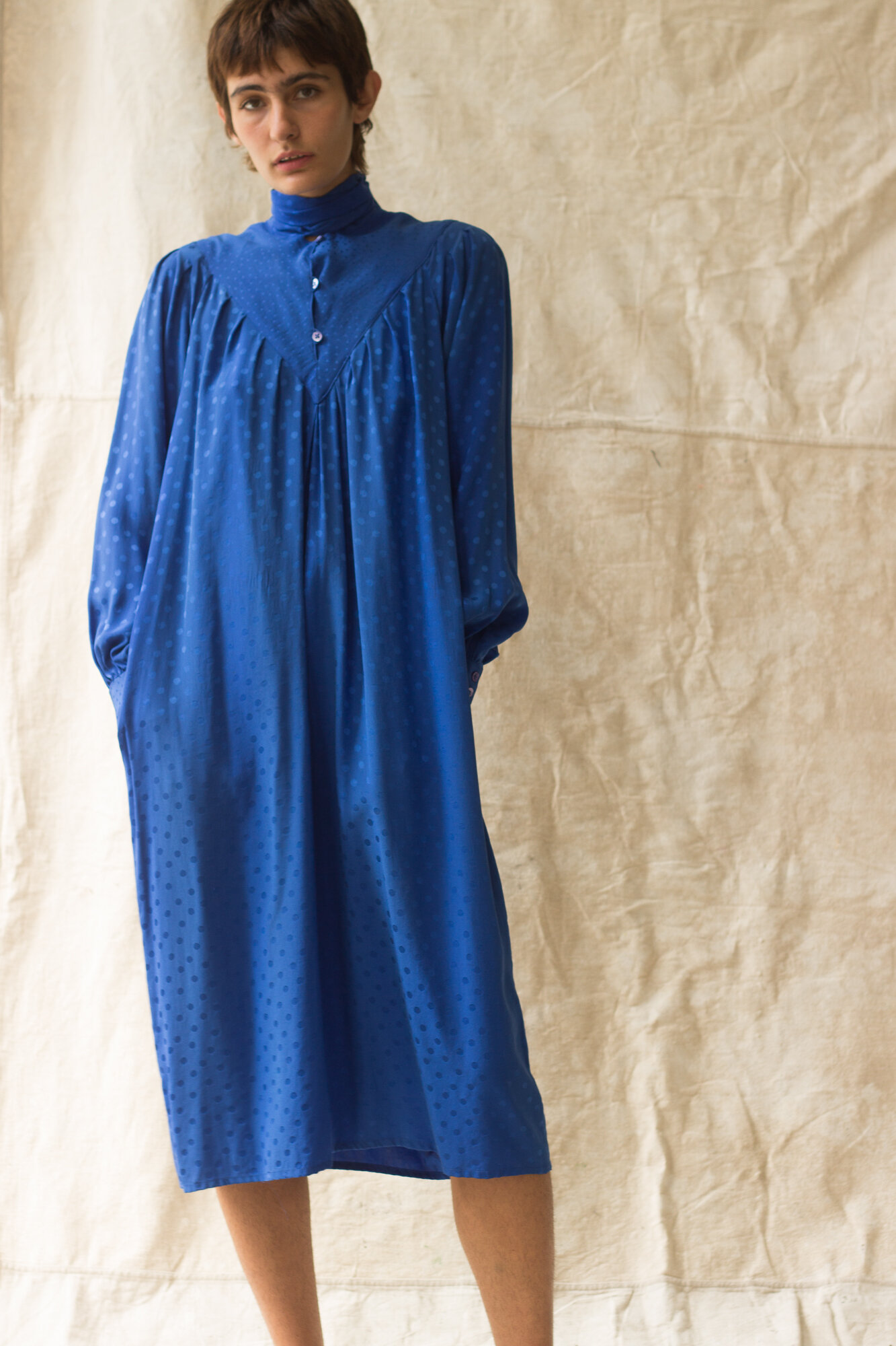 1980s Klein Blue Silk Smock Dress