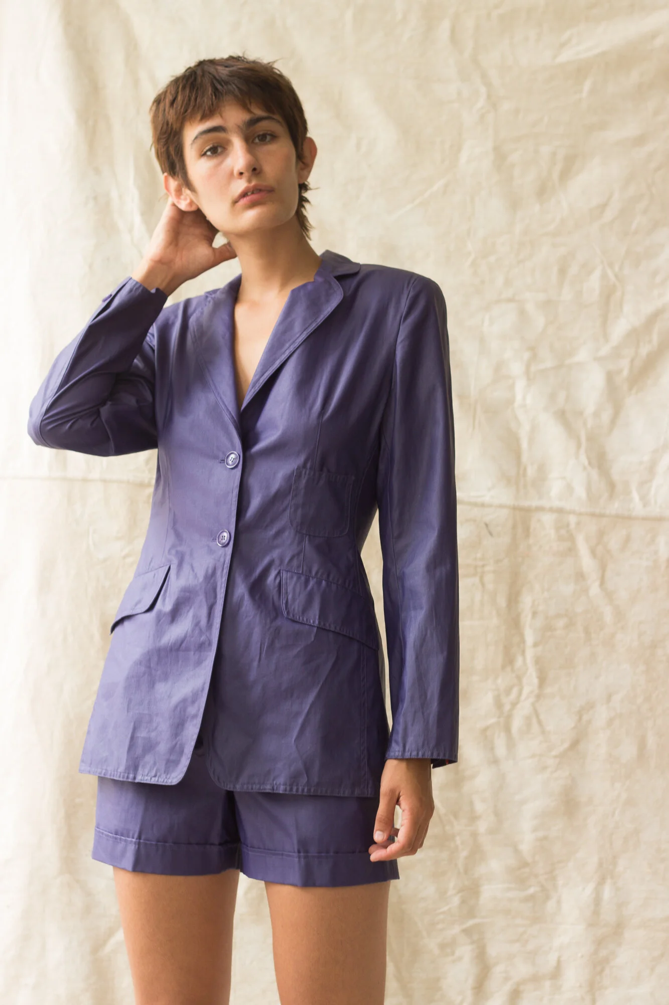 1980s Mondi Indigo Coated Linen Shorts Suit - Size XS