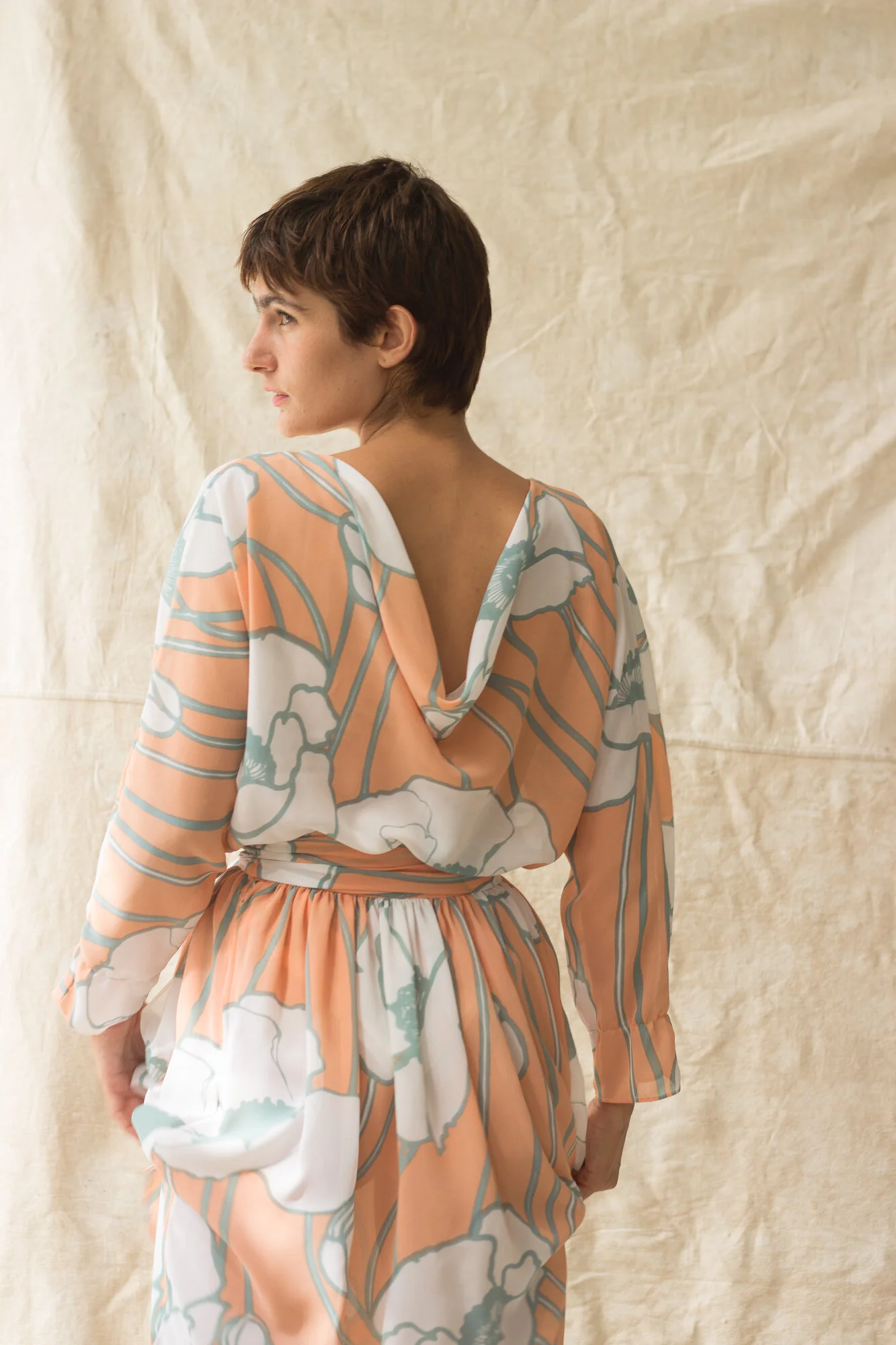 1970s Georgette Art Deco Poppy Print 2 Pc Set