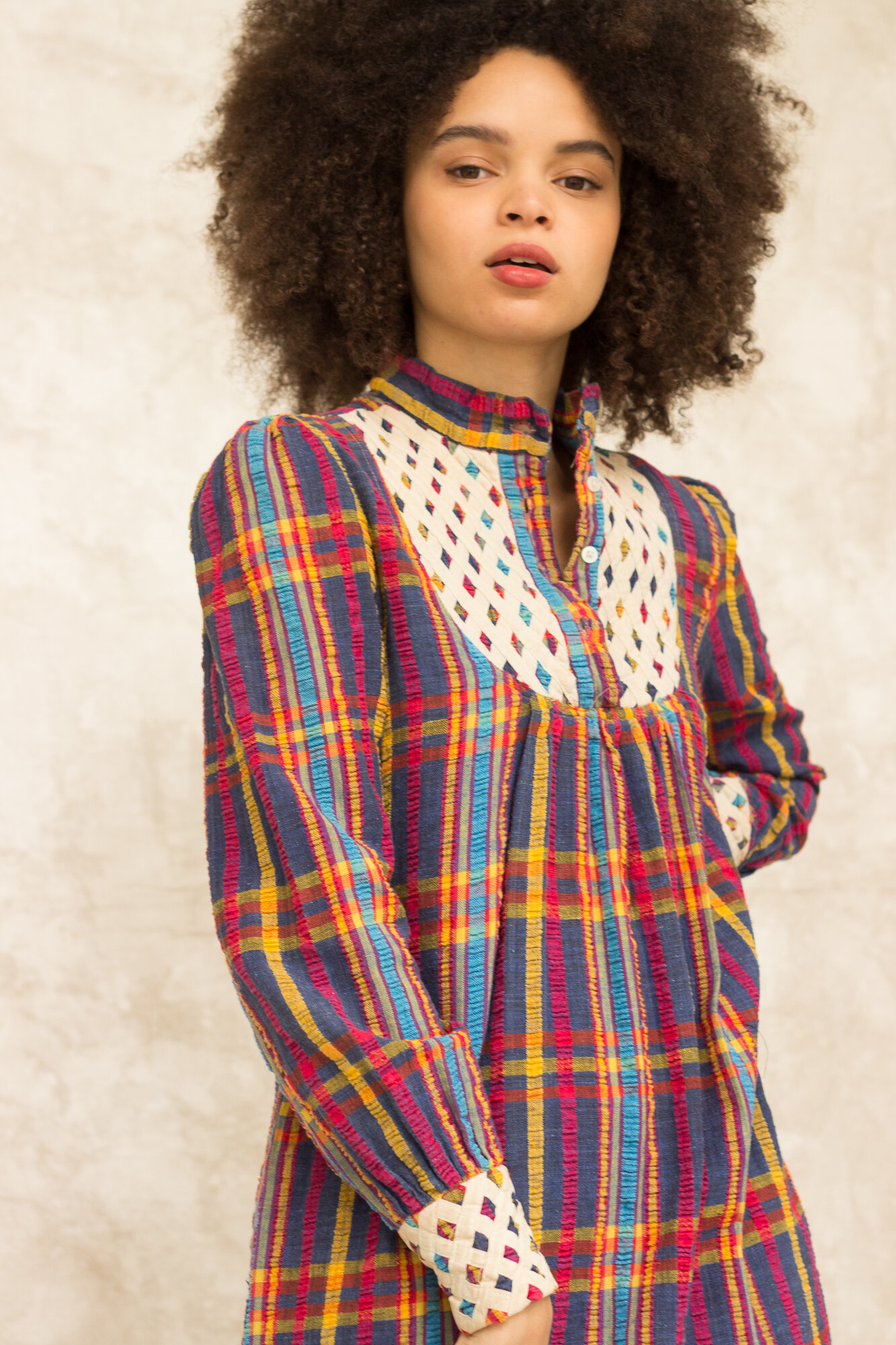 1970s Indian Cotton Madras Kaftan with Lattice-work Yoke