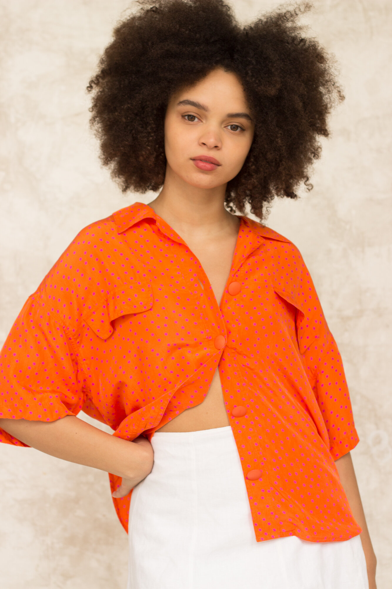 1980s Orange and Hot Pink Dot Print Silk Top