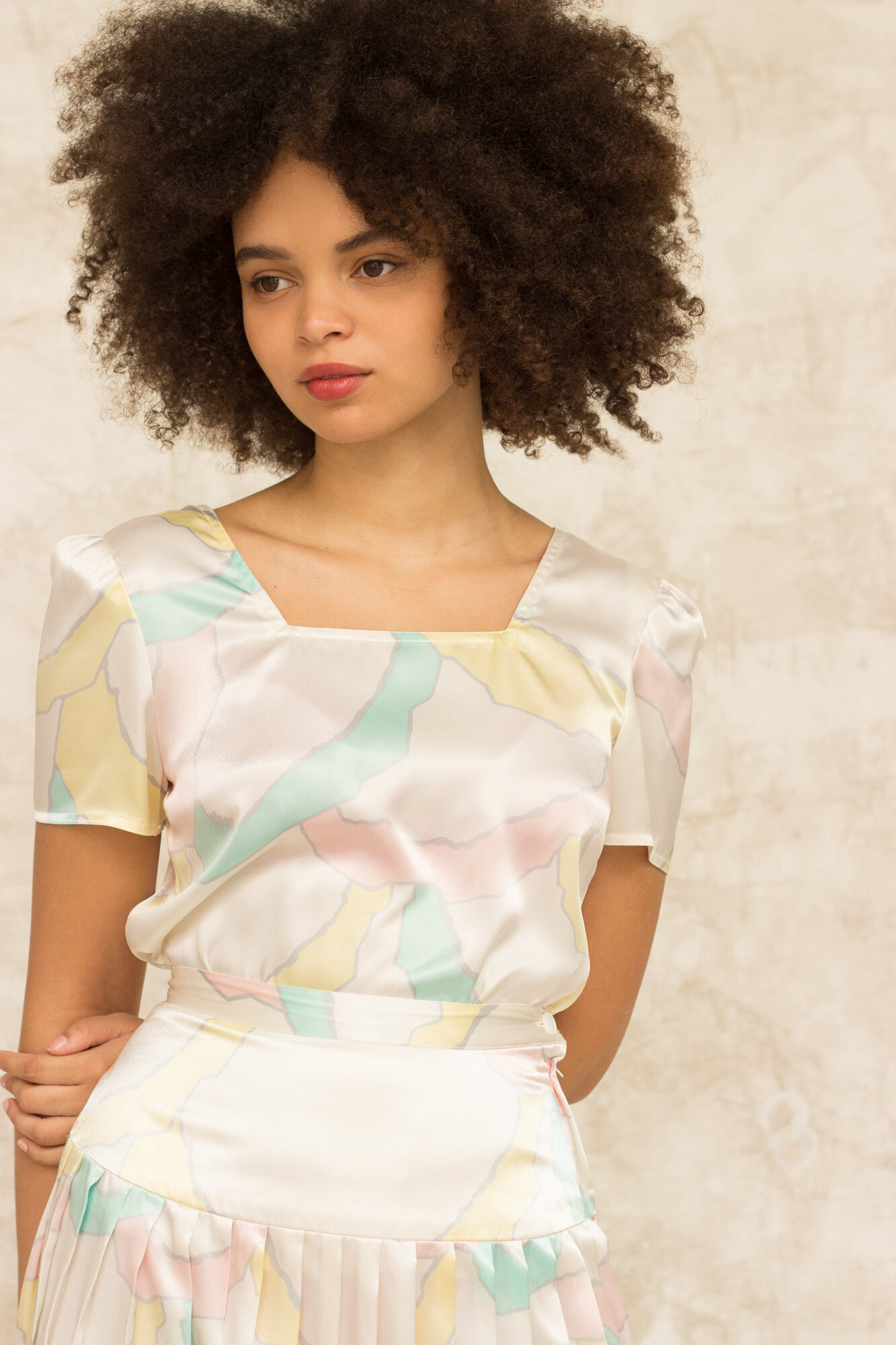 1970s Sasson Pastel Satin Two Piece - Size S