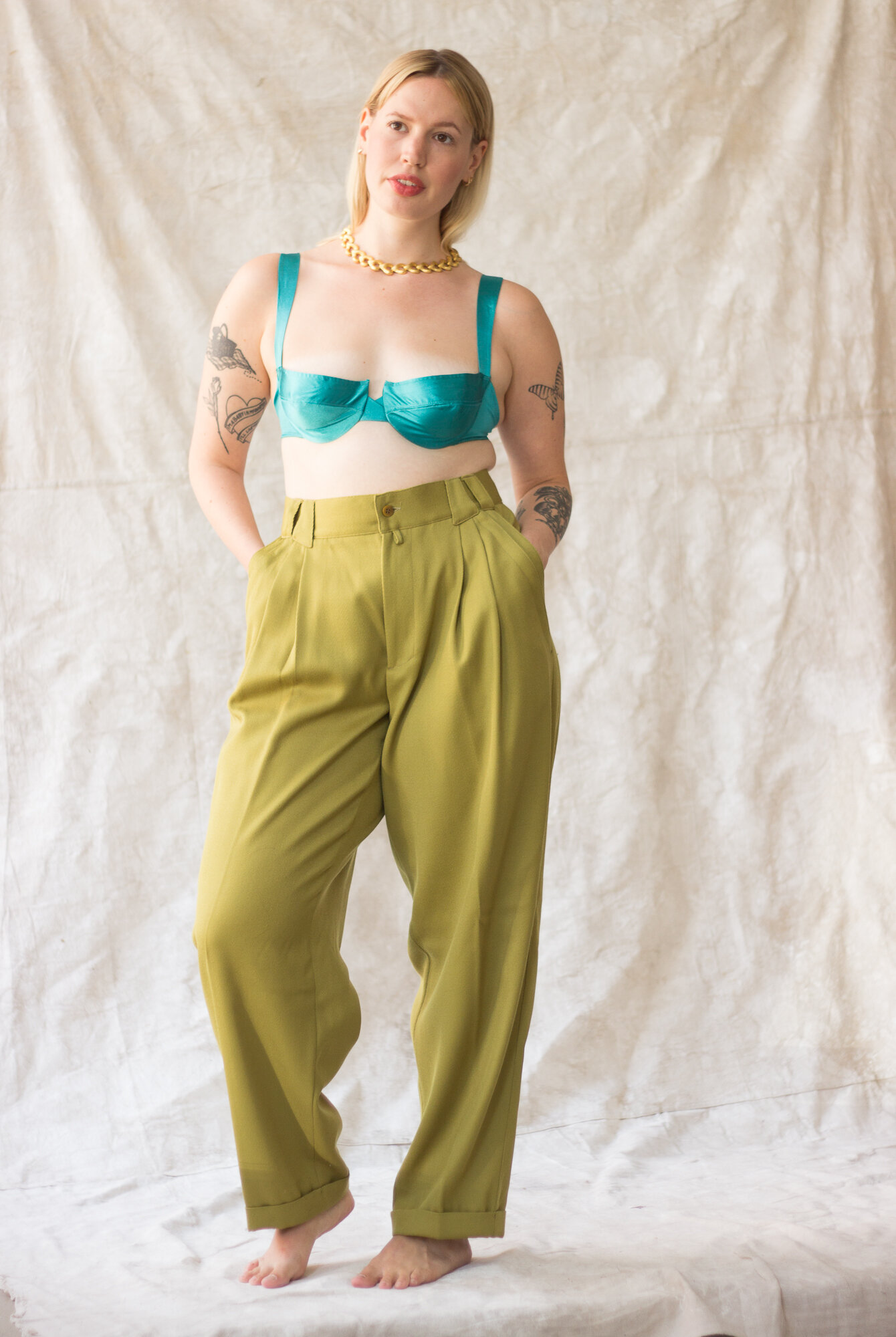 1980s Versus Gianni Versace Chartreuse Draped Trousers
