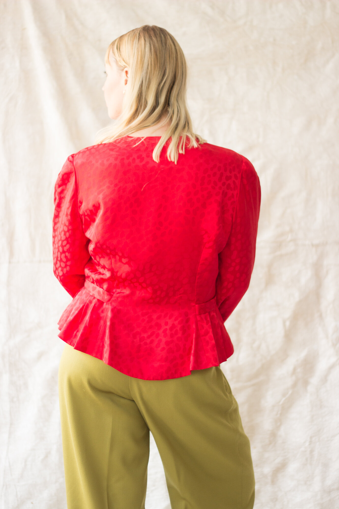1980s Red Silk Peplum Blouse - Size XL