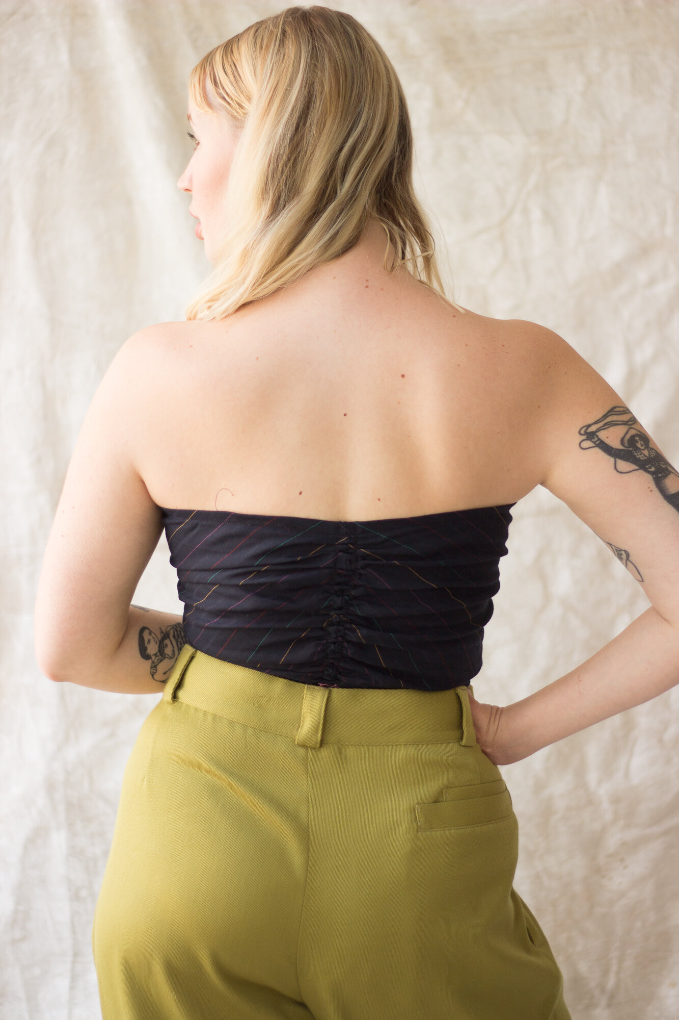 1970s Striped Suiting Wool Ruched Bustier Top