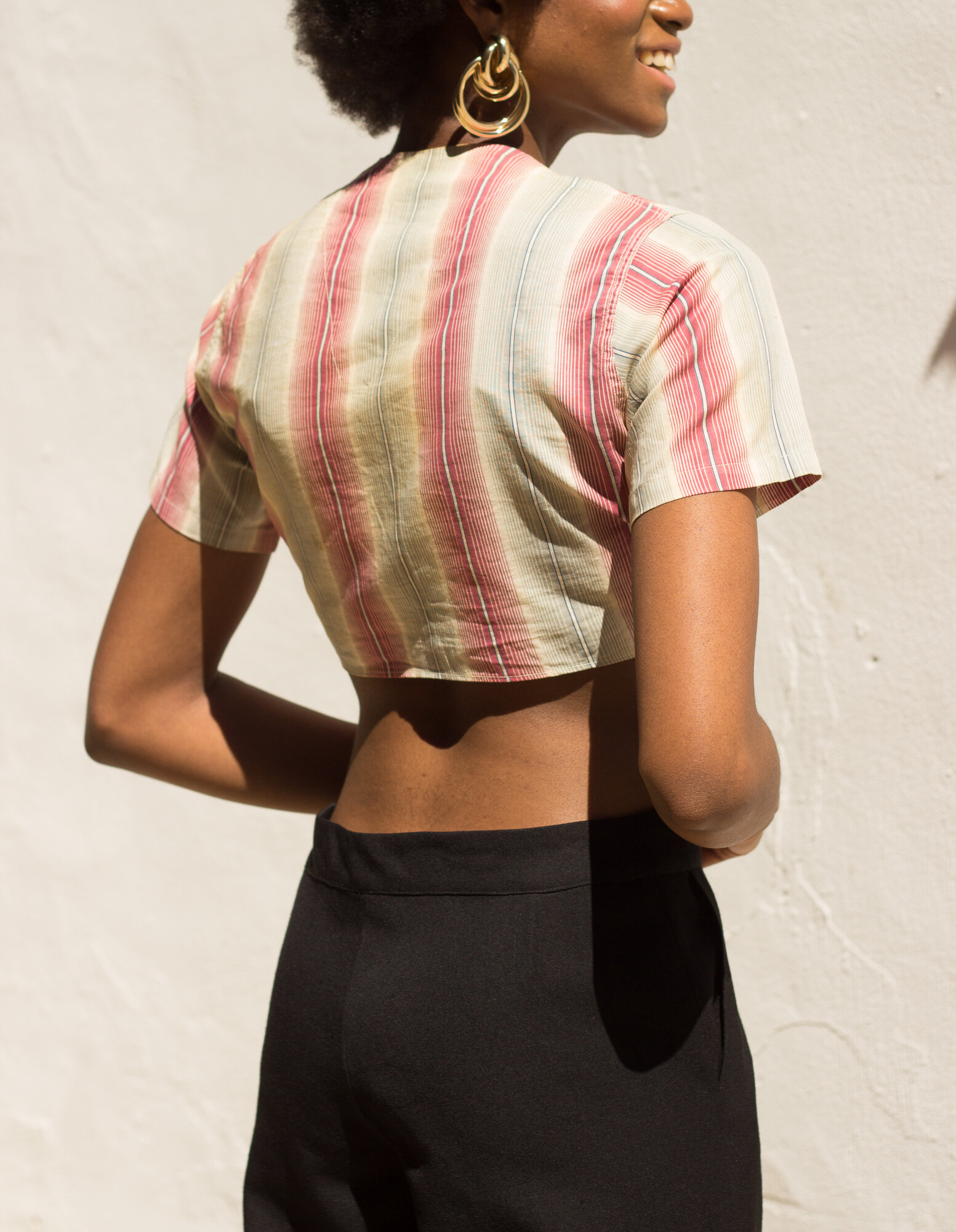 1930s Striped Cotton Tie Front Crop Top