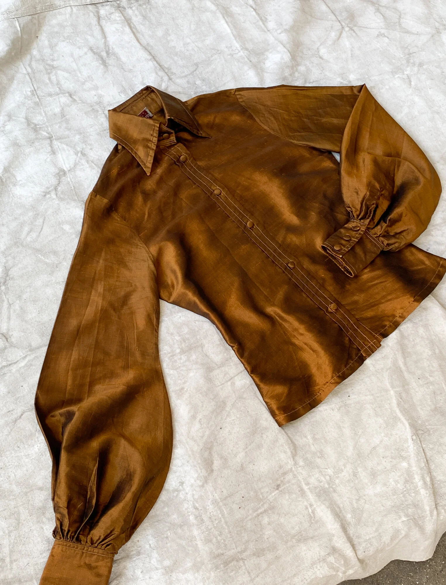 RAREST 1960s Mr. Fish Copper Silk Bishop Sleeve Shirt — Wayward 