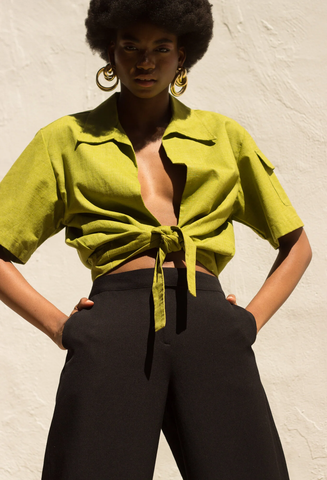 1970s Chartreuse Cotton-Linen Tie Shirt