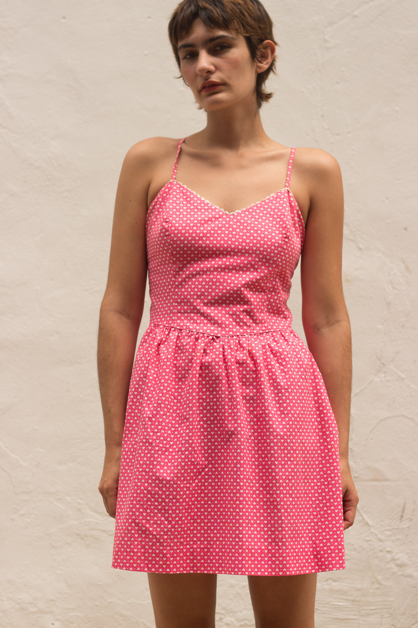 1970s Lanz Pink Heart Print Sun Dress