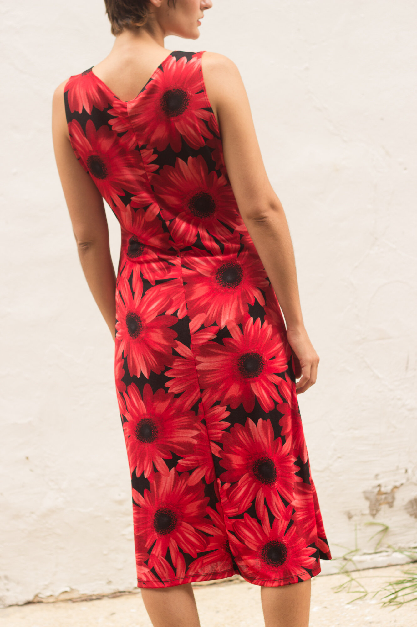 1990s Red Gerber Daisy Print Mesh Dress