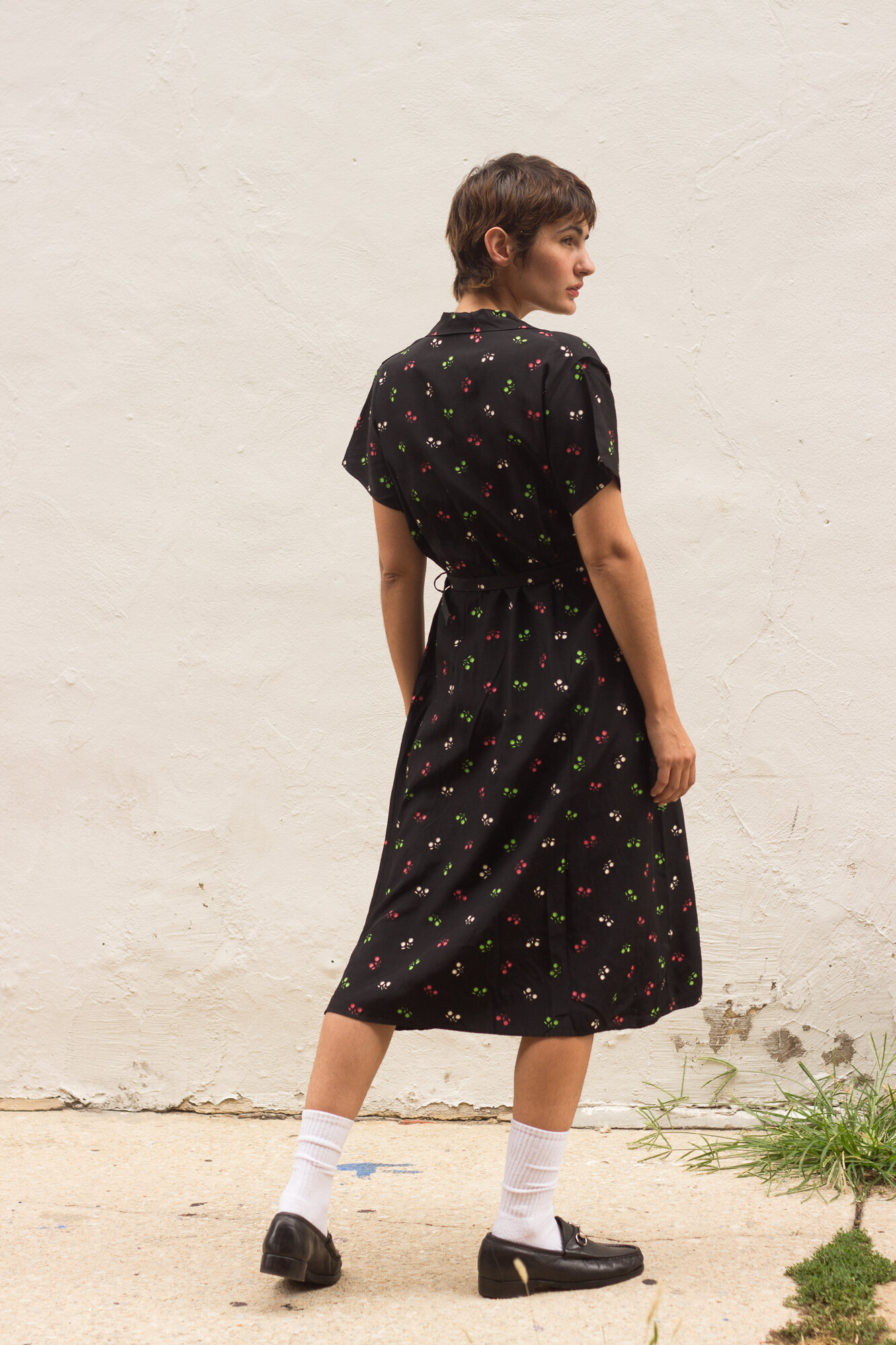 1940s Black Floral Rayon Day Dress with Chained Buttons Wayward Collection 1940s Black Floral Rayon Day Dress with Chained Buttons Wayward Collection