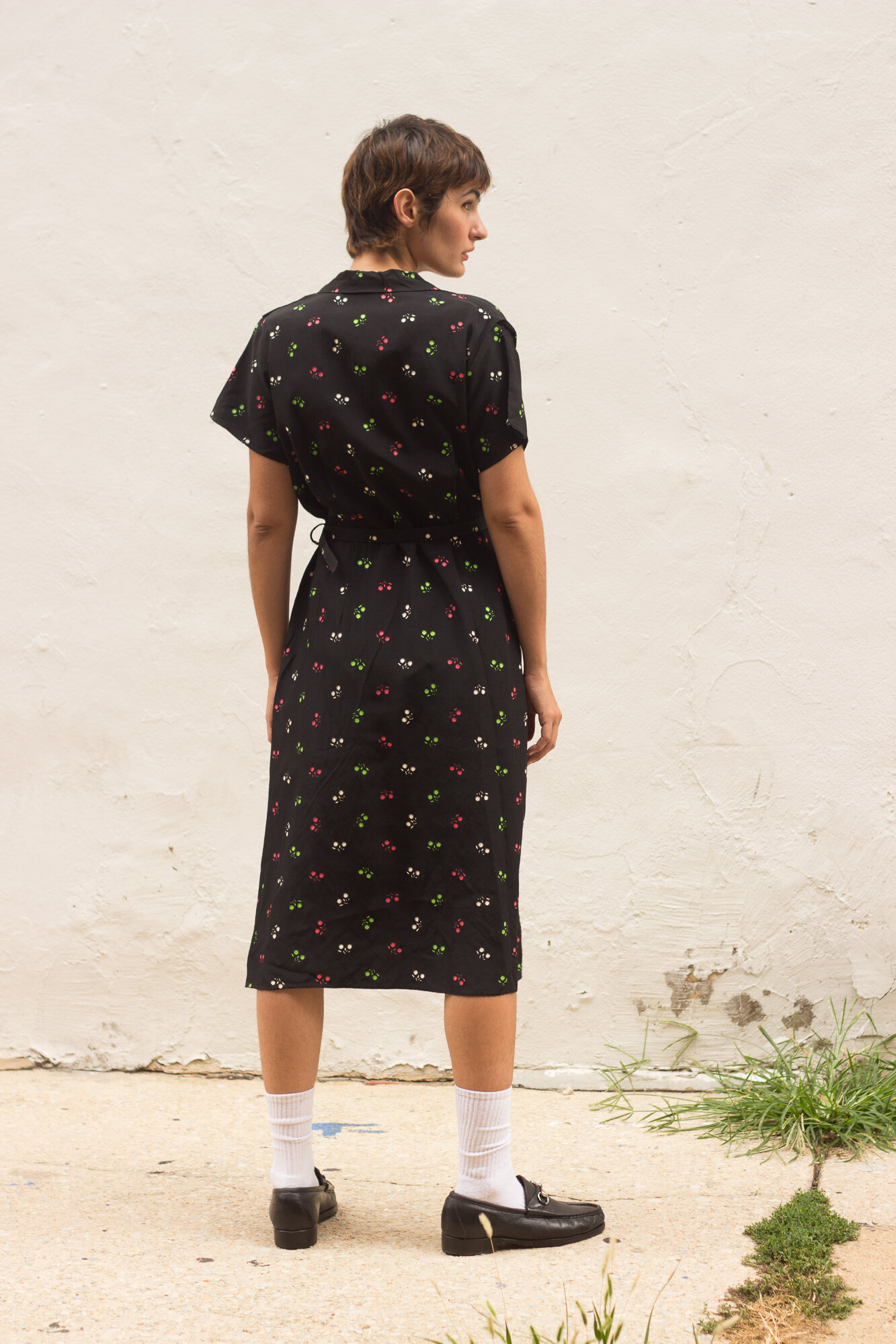1940s Black Floral Rayon Day Dress with Chained Buttons