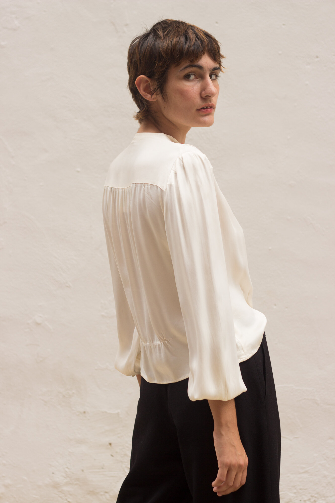 1940s Pearl Satin Katherine Hepburn Blouse