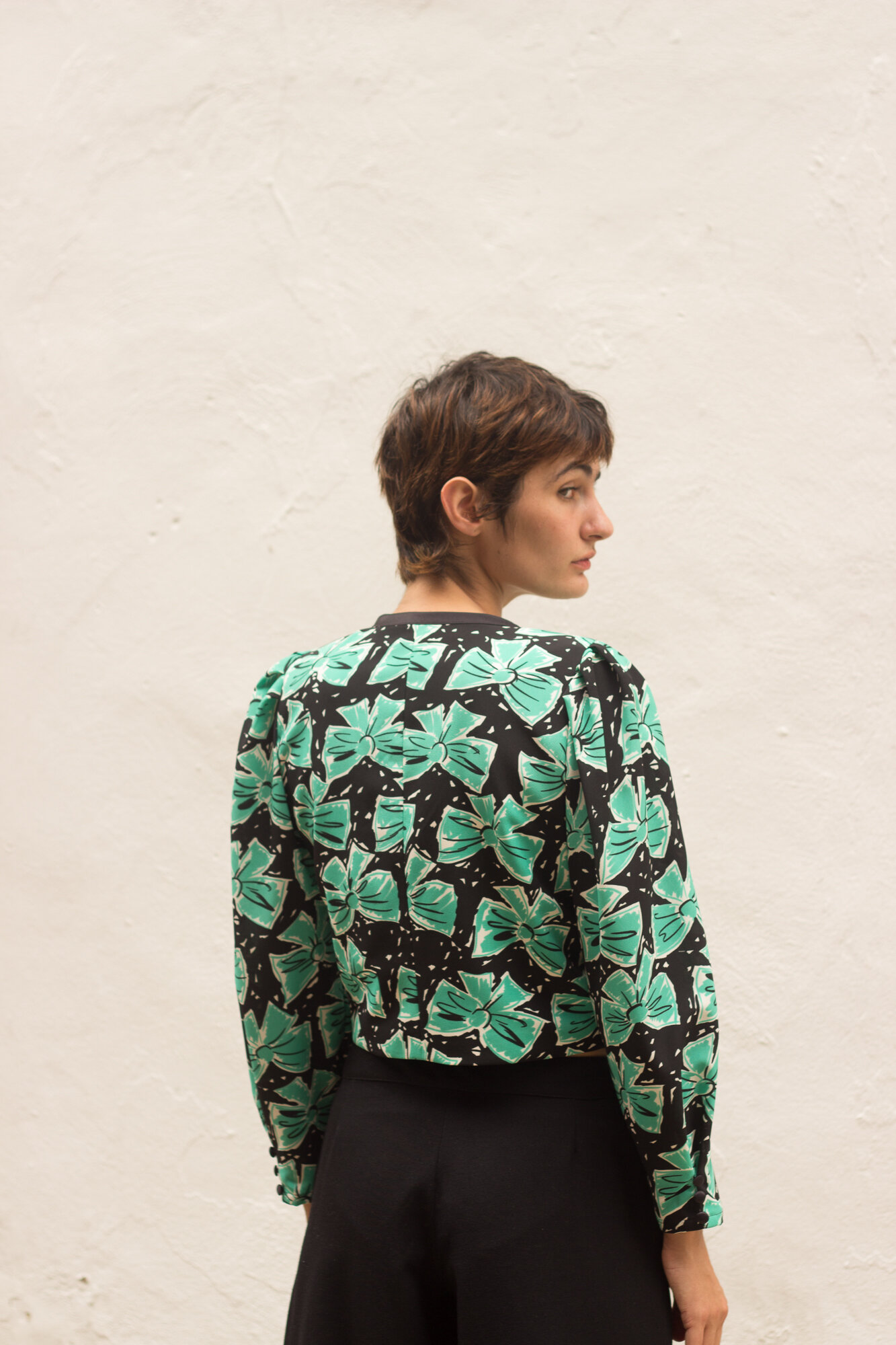 1980s Louis Féraud Bow Print Silk Crop Top