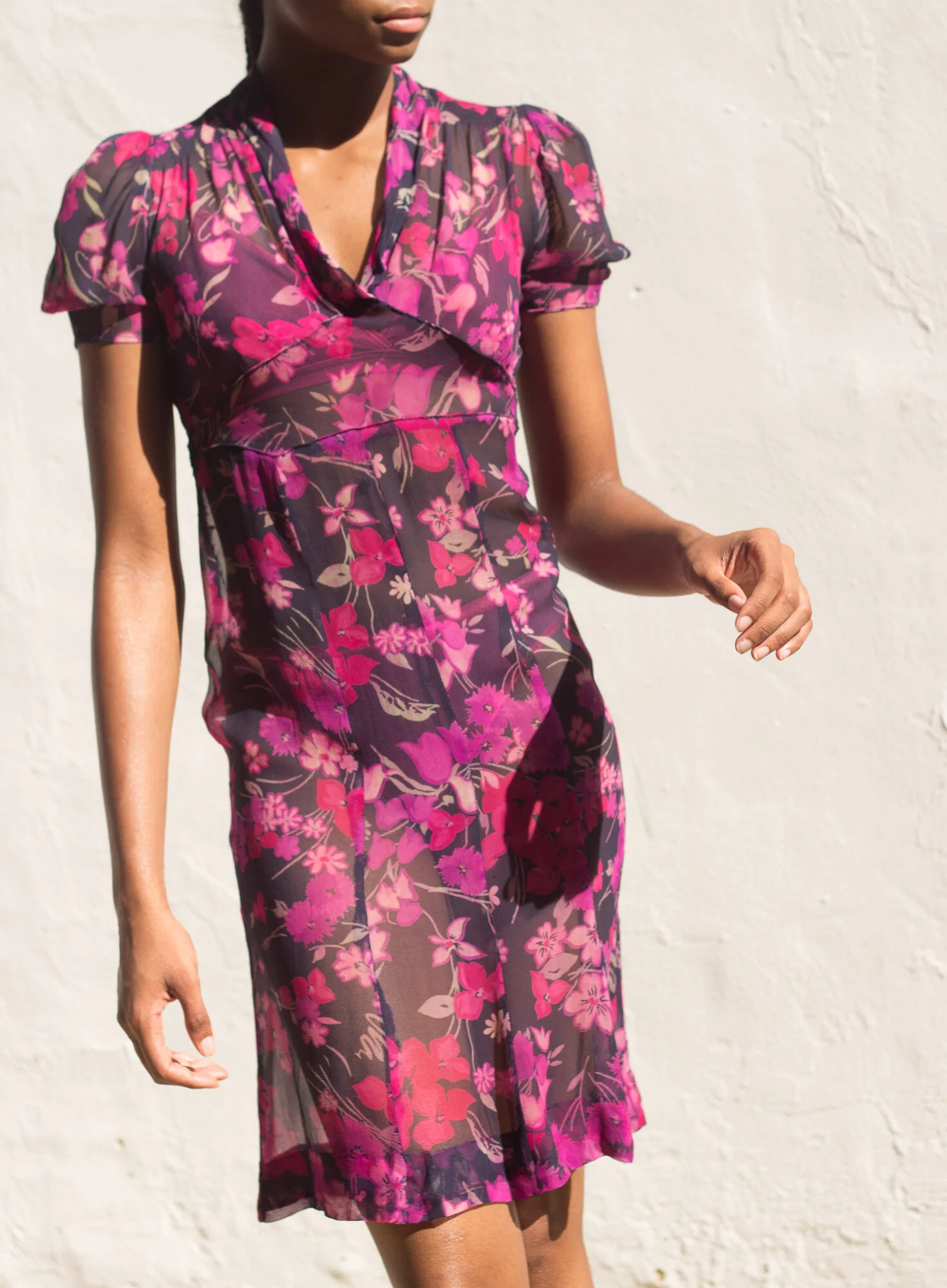 1930s Vibrant Silk Chiffon Puff Sleeve Dress  Wayward Collection