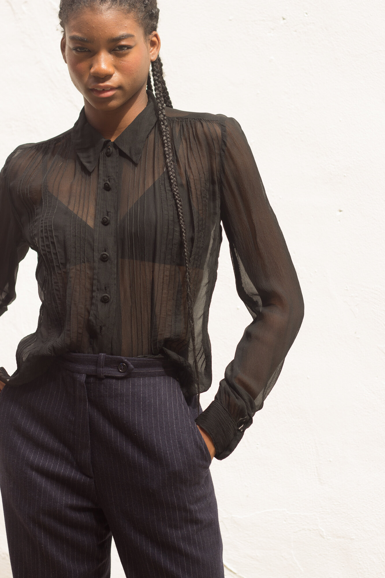 1930s Black Silk Chiffon Pin Tuck Blouse