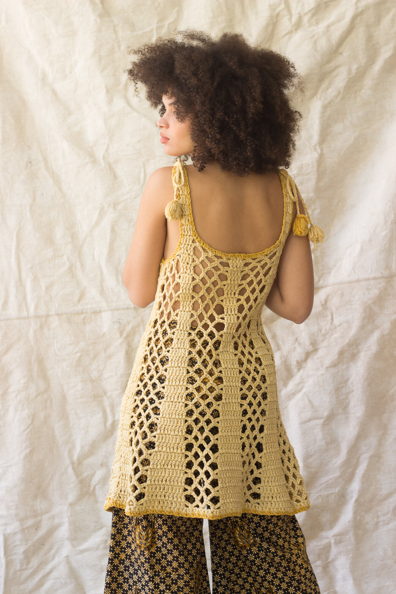 1960s Ochre Crocheted Mini Dress