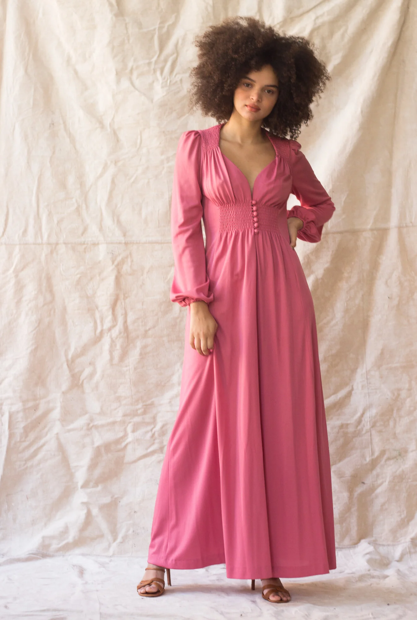 1970s Rose Jersey Bishop Sleeve Maxi Dress  Wayward Collection
