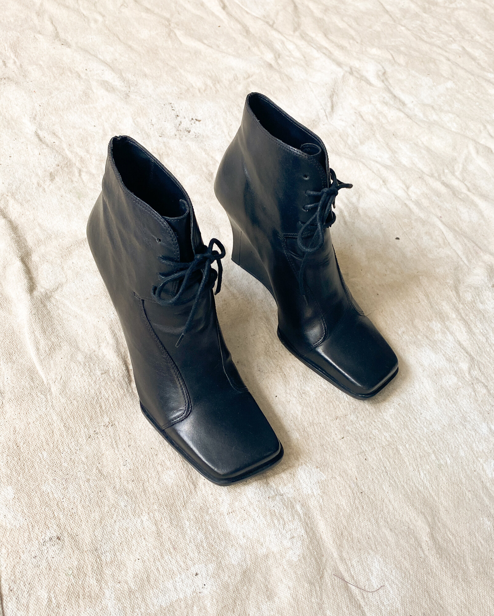 1990s Black Leather Square Toe Booties