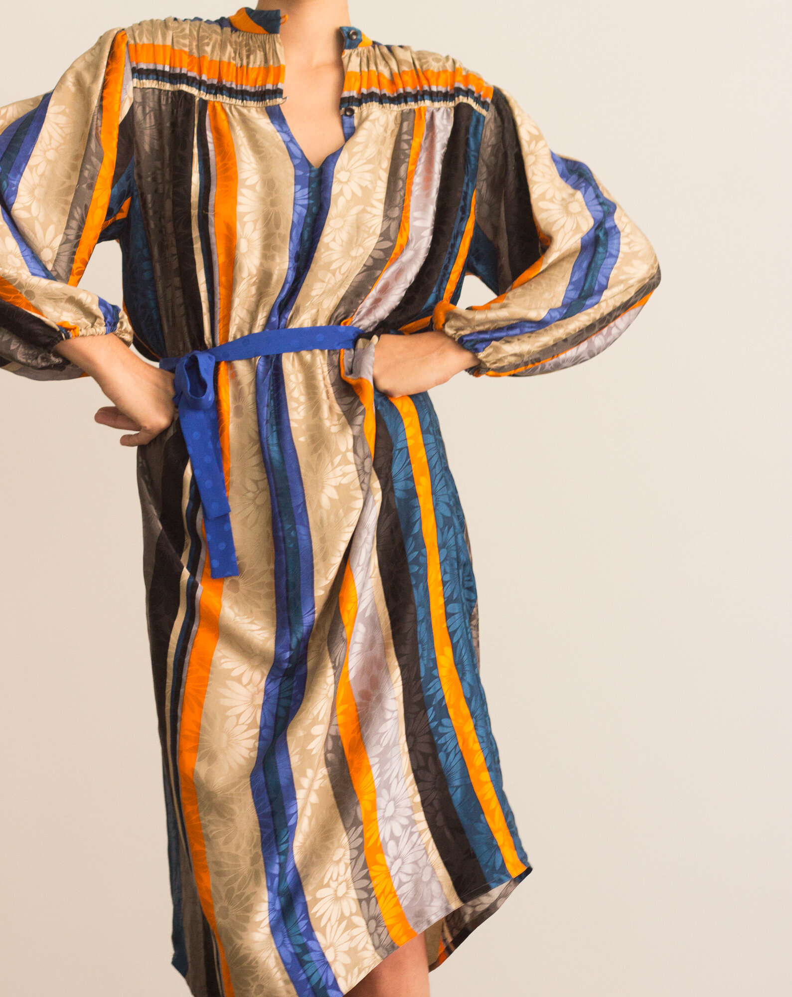 1980s Daisy Silk Jacquard Striped Dress