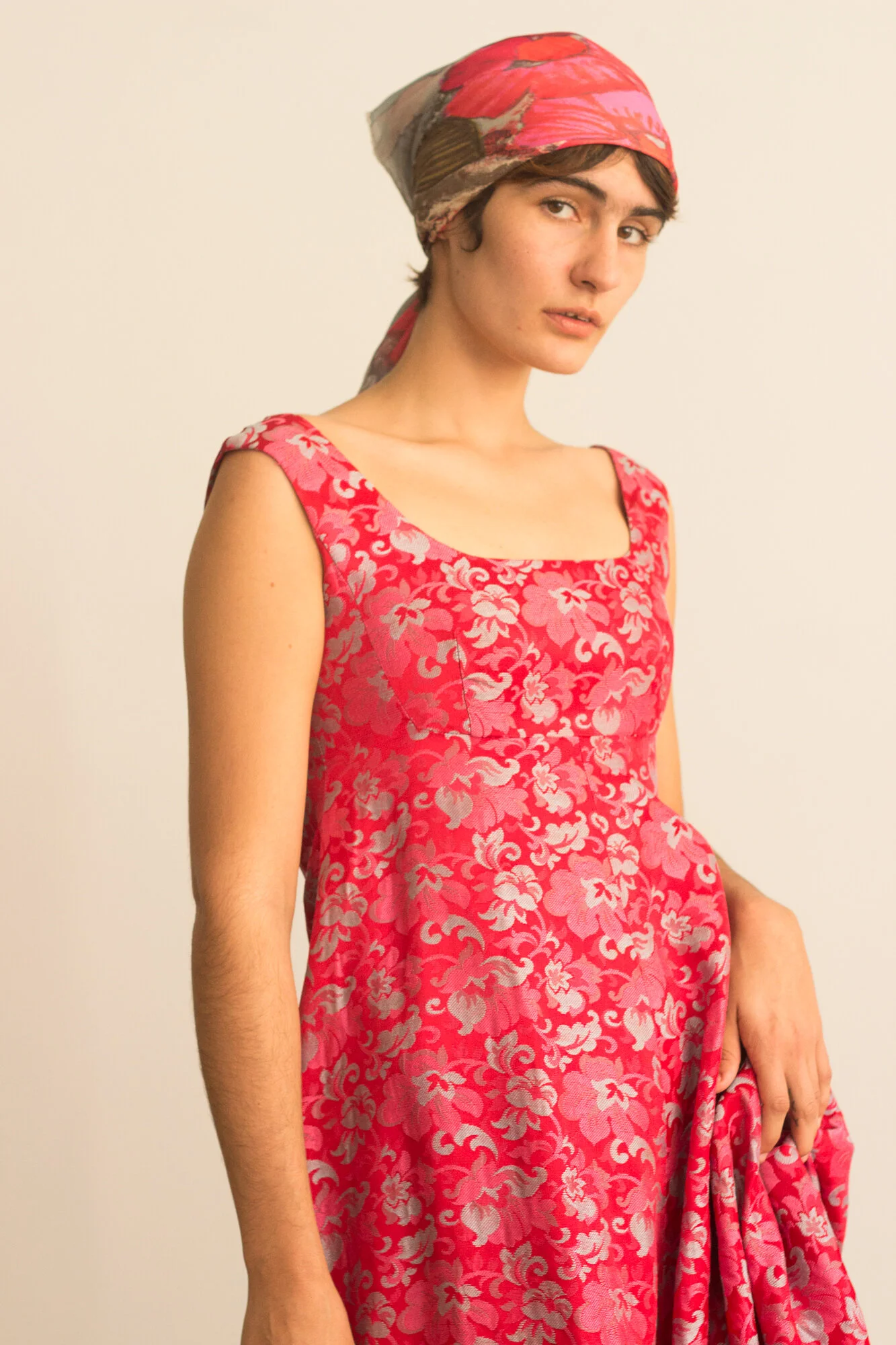 1960s Empire Waist Red and Pink Brocade Gown  Wayward Collection