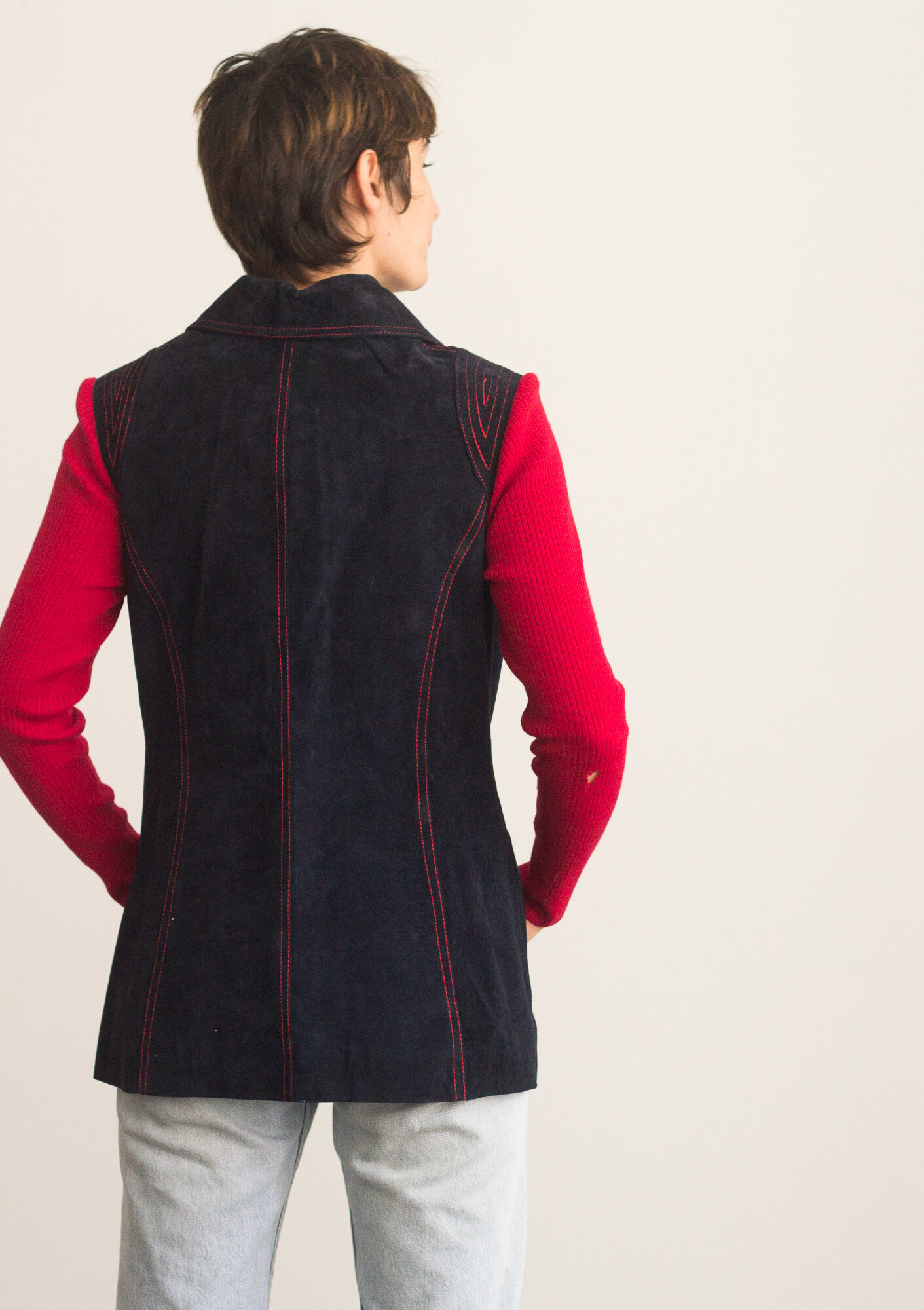 1960s Sabrina Navy Suede and Wool Knit Zippered Jacket