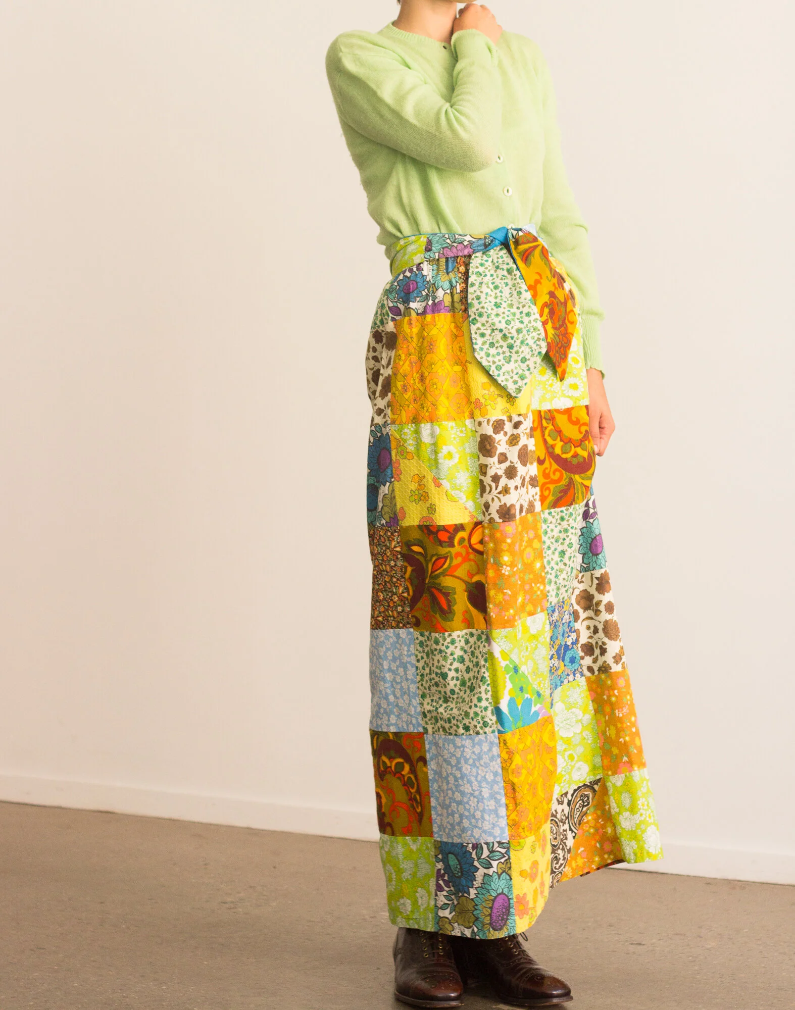 1960s Patchwork Cotton Maxi Skirt with Sash
