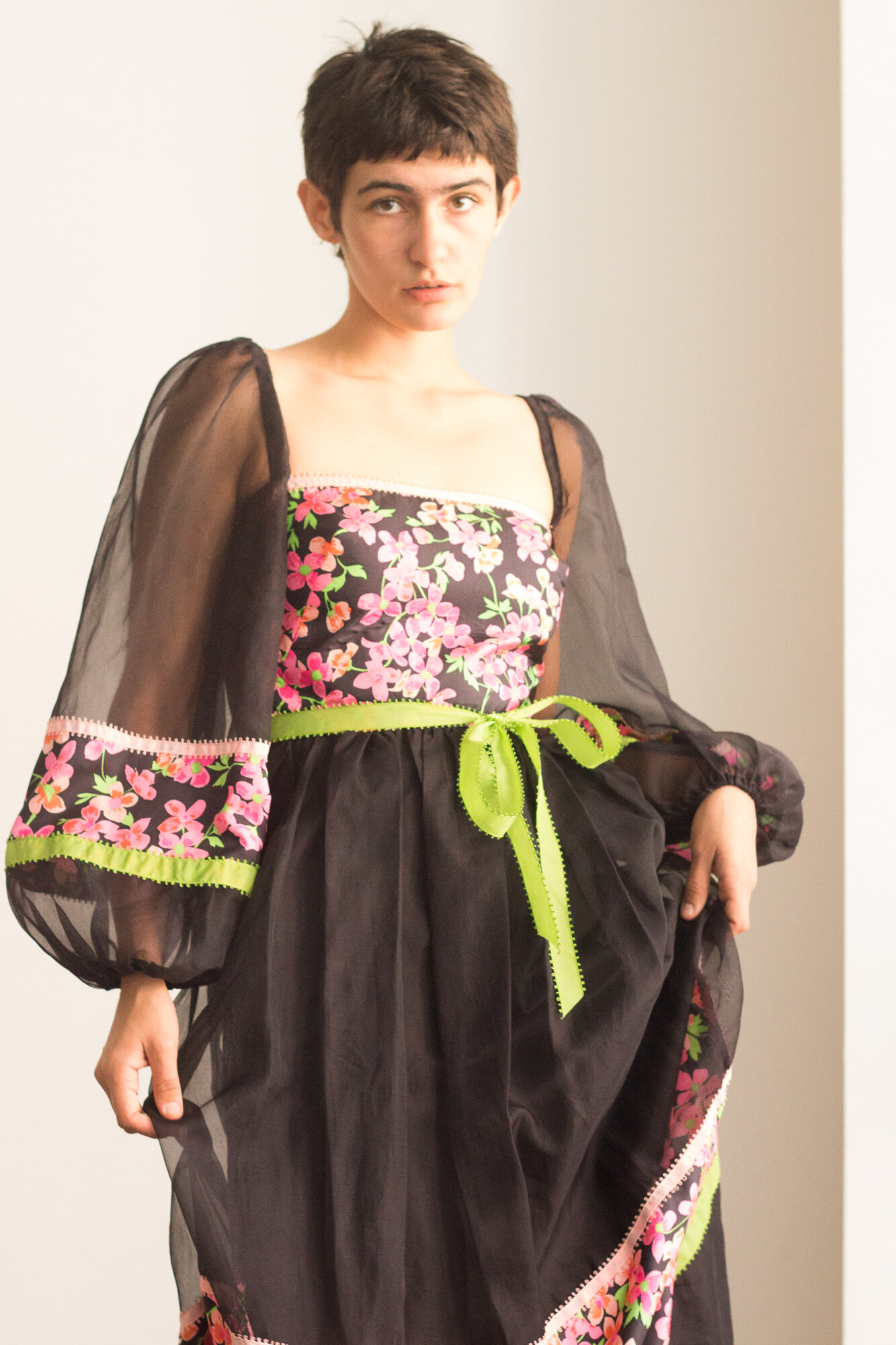 1970s Organza Maxi Dress with Floral Silk Insets