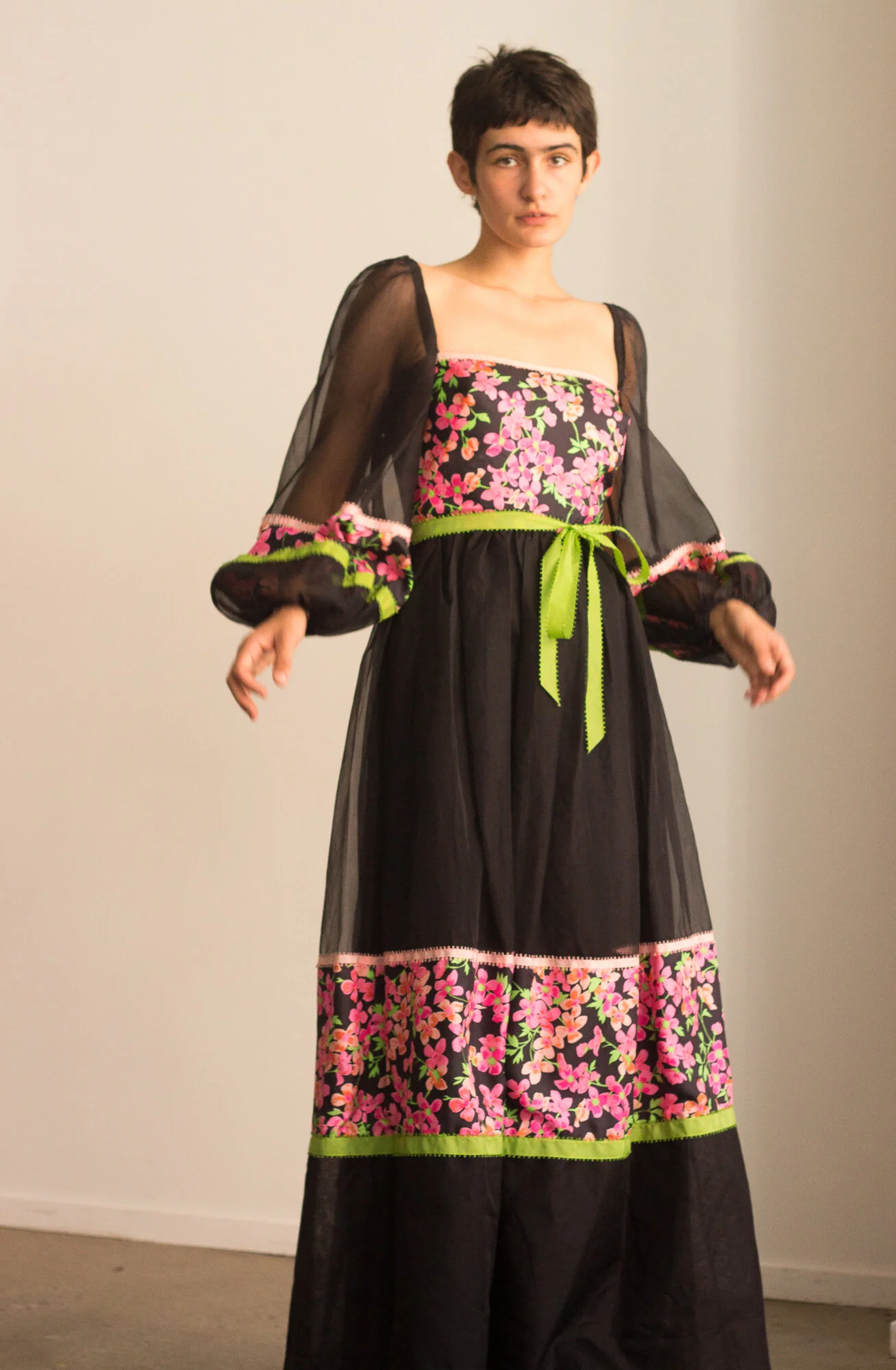 1970s Organza Maxi Dress with Floral Silk Insets  Wayward Collection