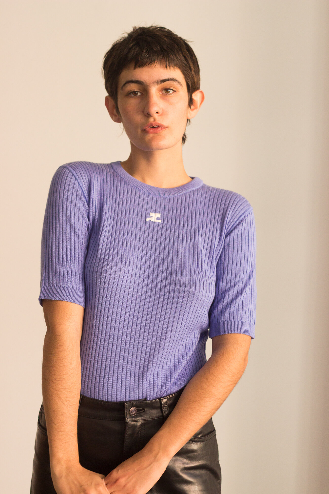 1970s Courreges Periwinkle Ribbed Knit Sweater