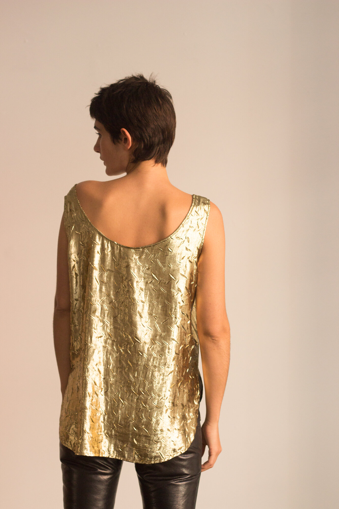1980s Halston IV Gold Lamé Slouchy Camisole 